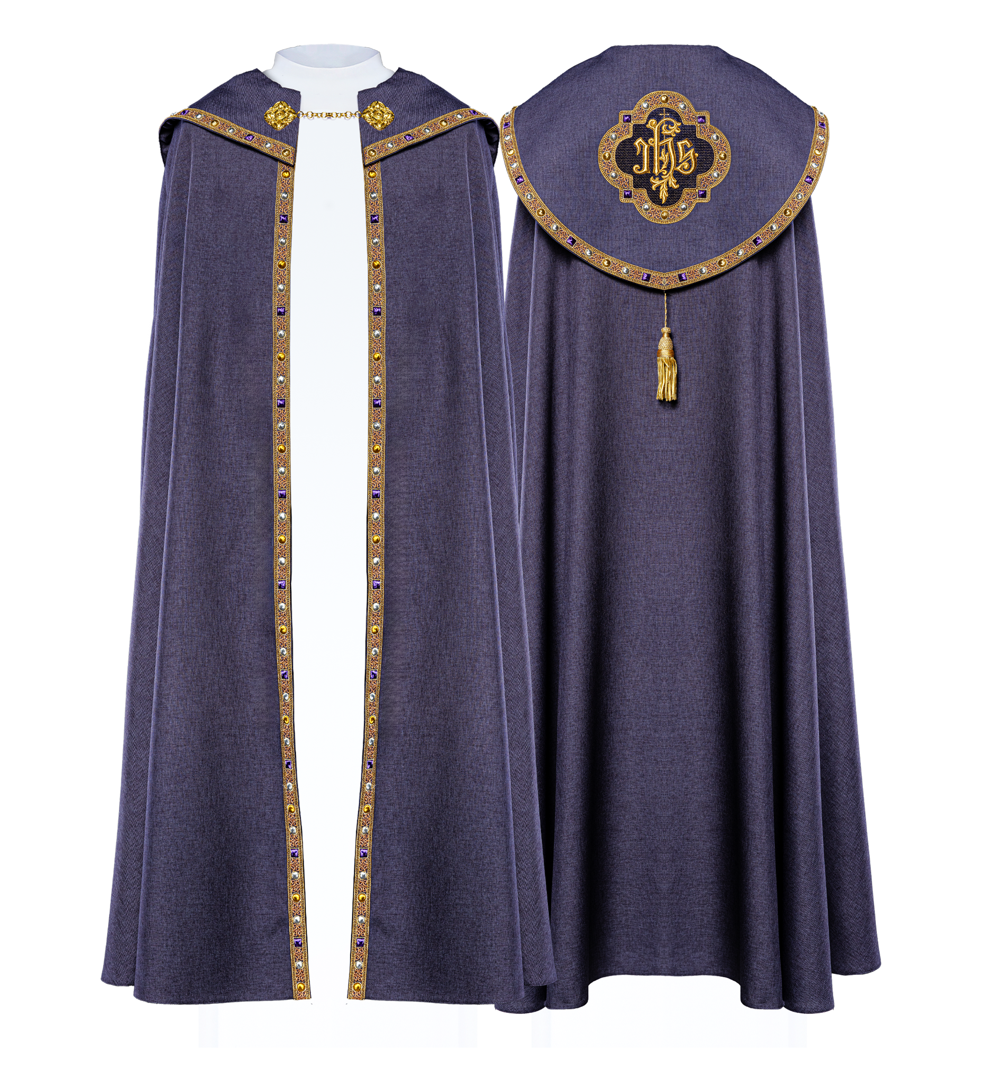 Purple liturgical cape with gold IHS