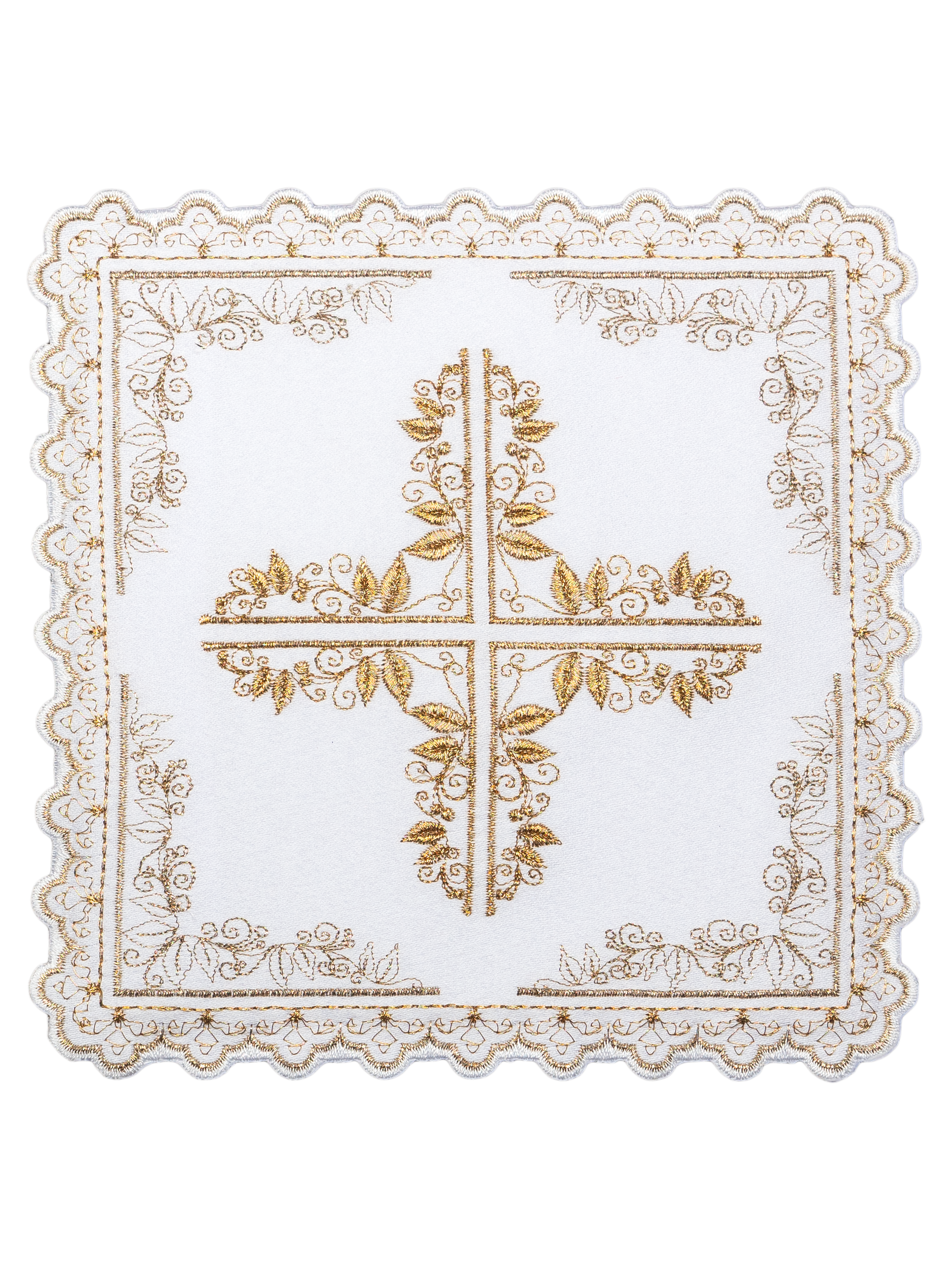 Mass linen set with cross motif framed by floral embroidery