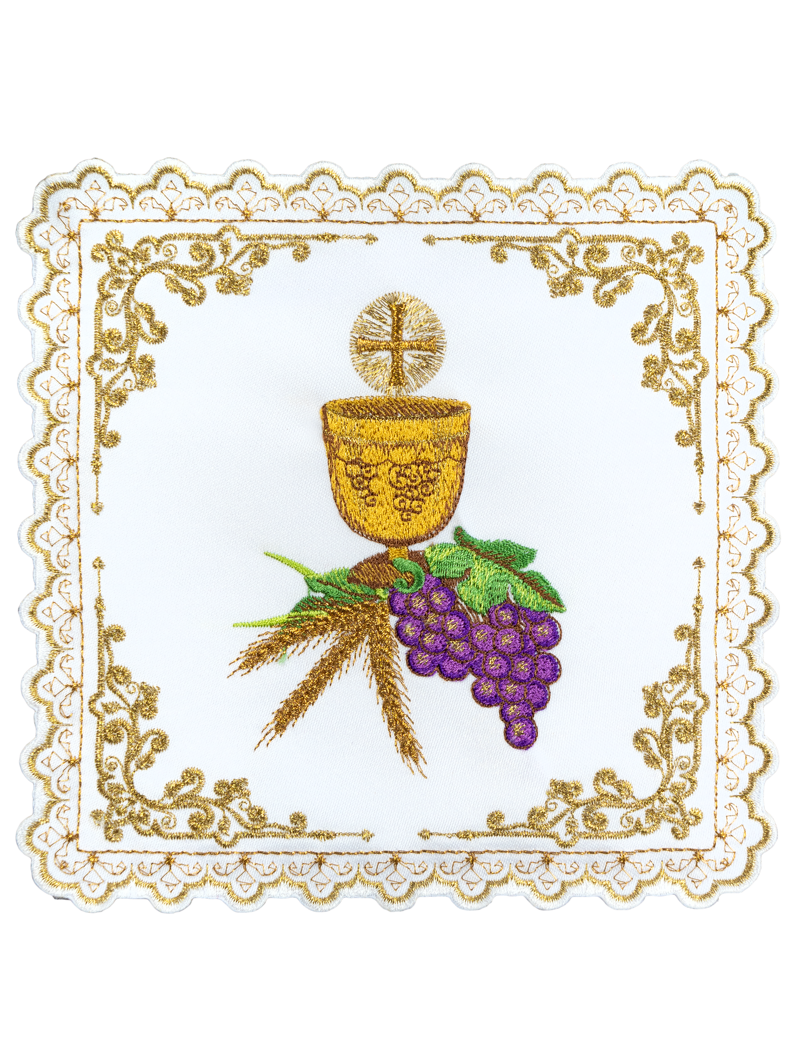 Chalice linens set with motif of chalice, grapes, ears and hosts