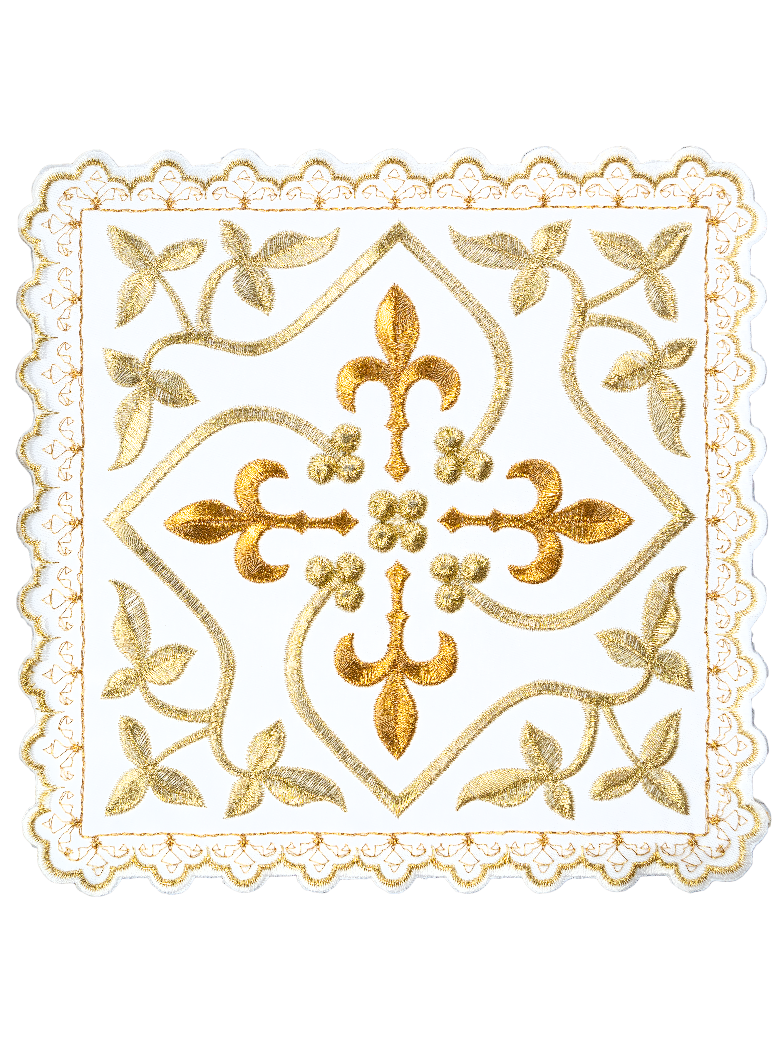 Altar linens with cross motif with gold embellishments and embroidered floral motif