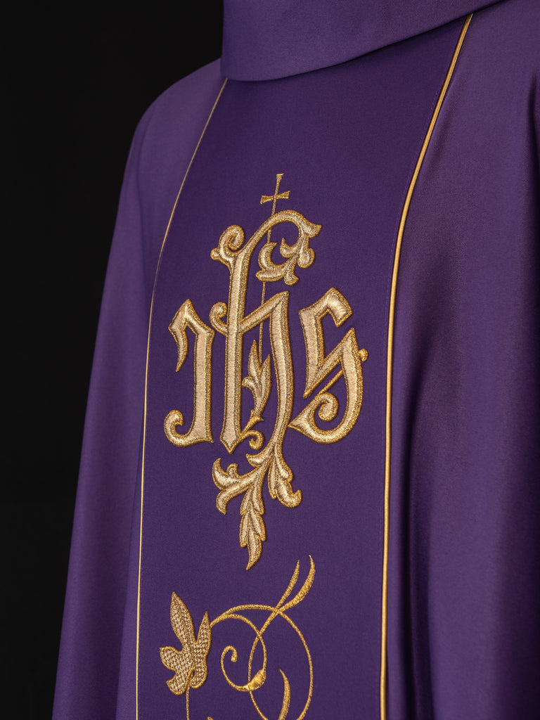 Purple liturgical chasuble with richly decorated belt with floral motif and IHS