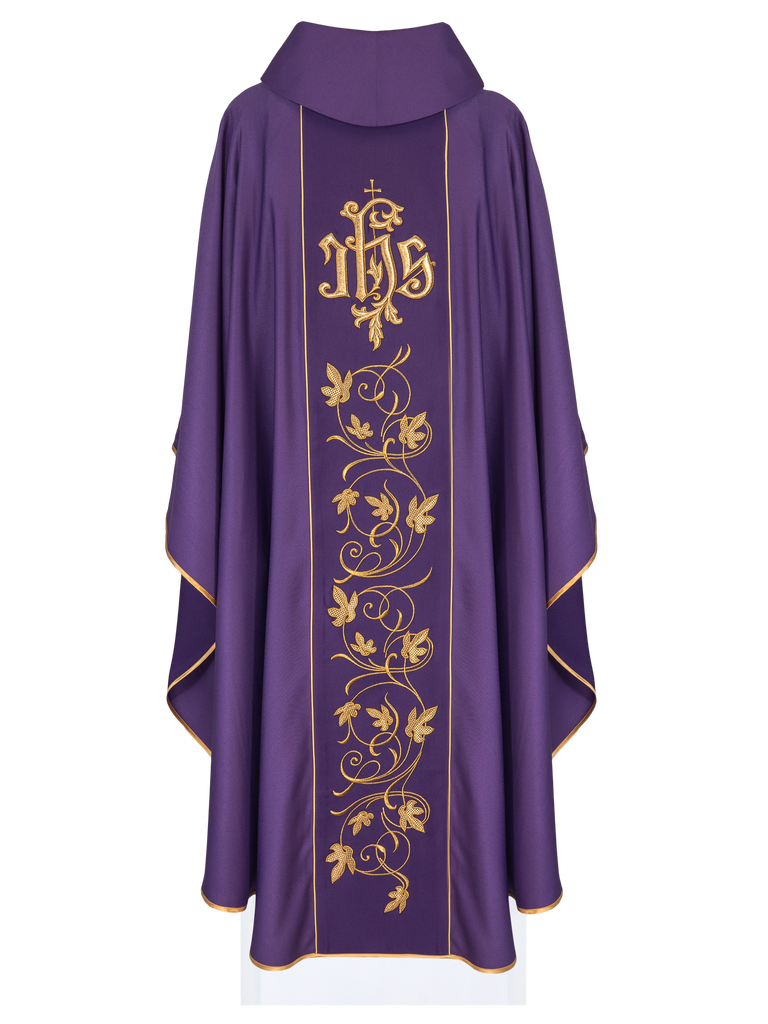 Purple liturgical chasuble with richly decorated belt with floral motif and IHS