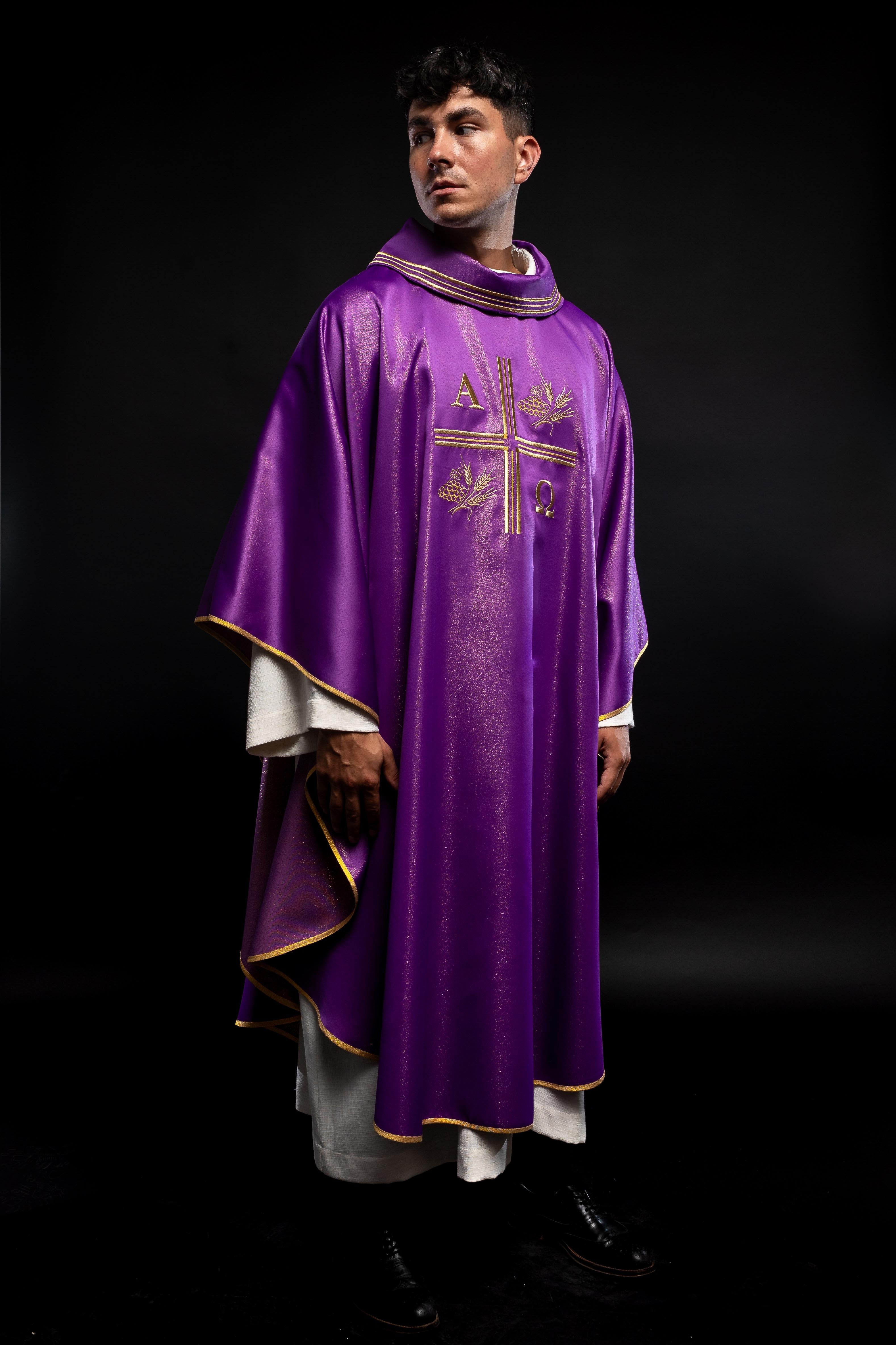 Purple chasuble made of glittery texture with Alpha, Omega, Cross and Wheat motifs