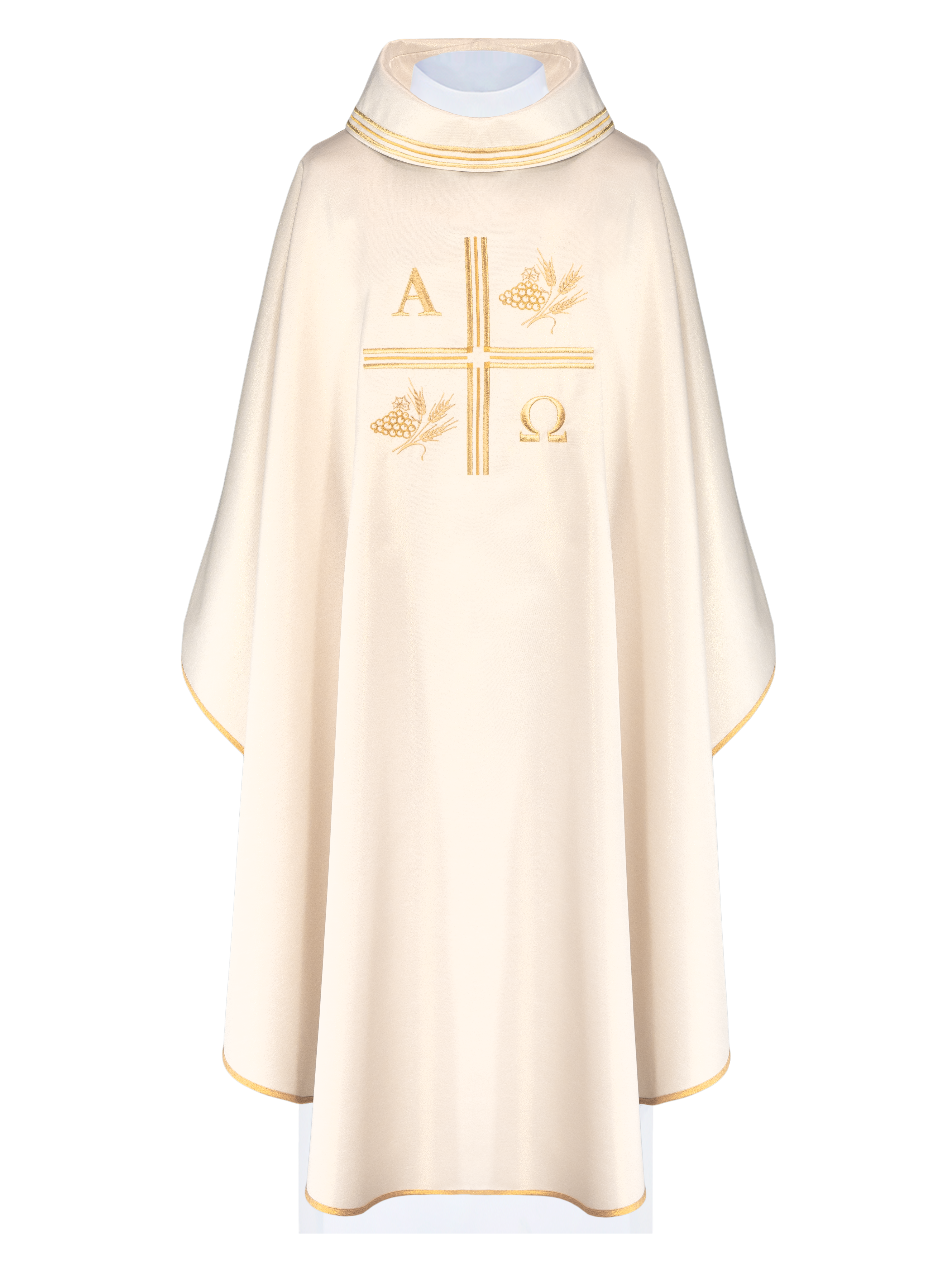 Chasuble with embroidered cross and motifs of Alpha and Omega and ears in ecru color