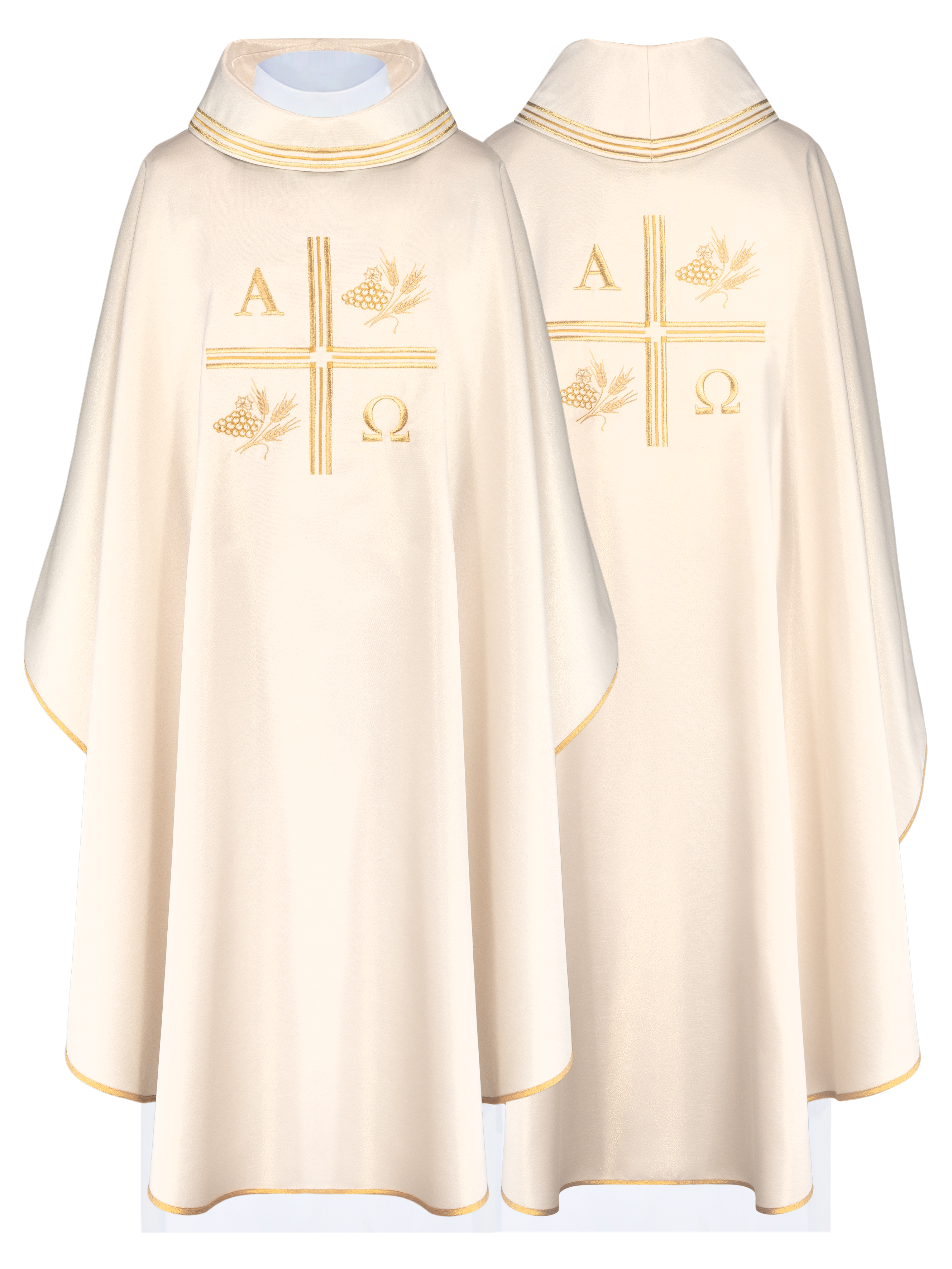 Chasuble with embroidered cross and motifs of Alpha and Omega and ears in ecru color