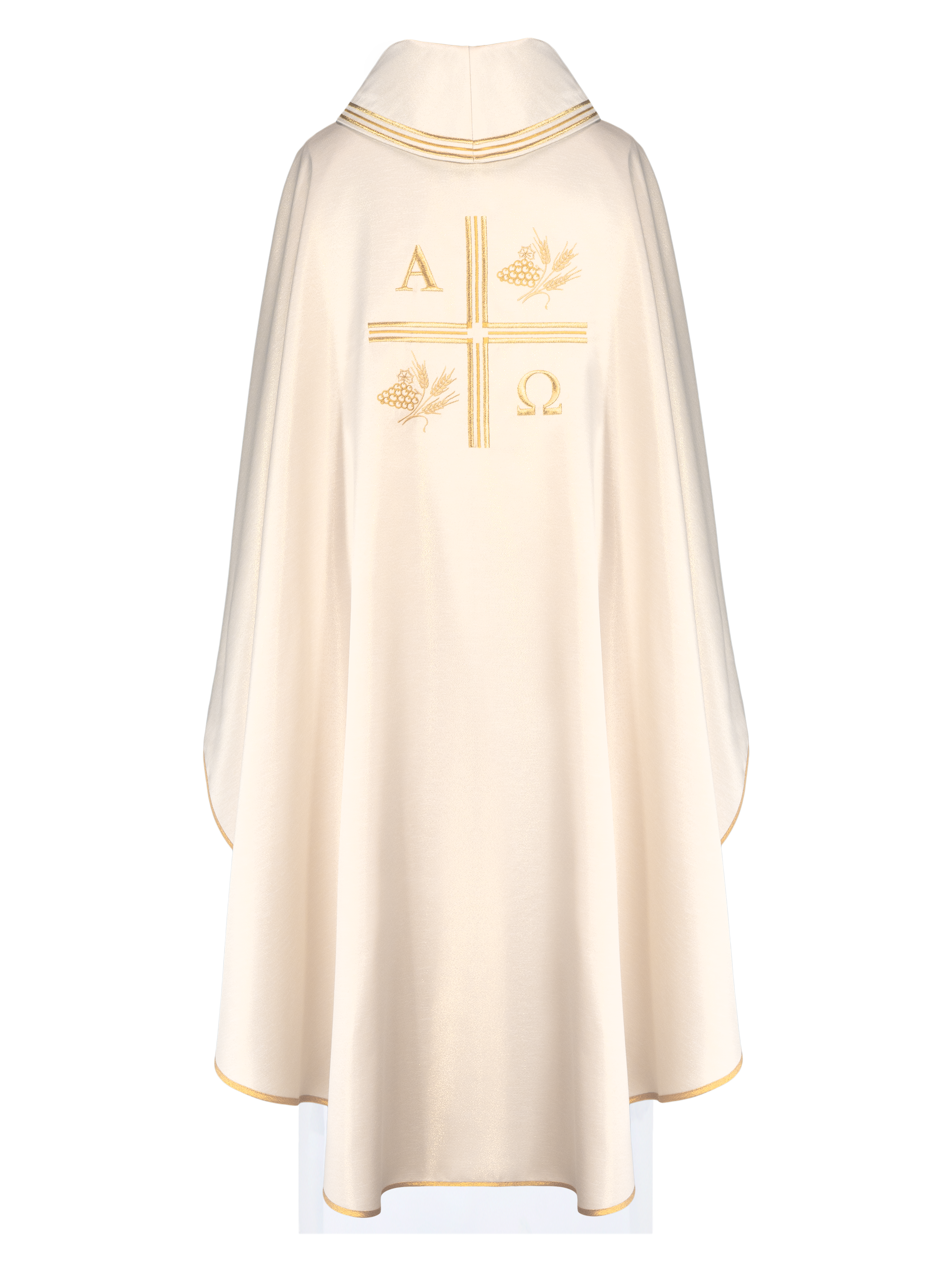 Chasuble with embroidered cross and motifs of Alpha and Omega and ears in ecru color