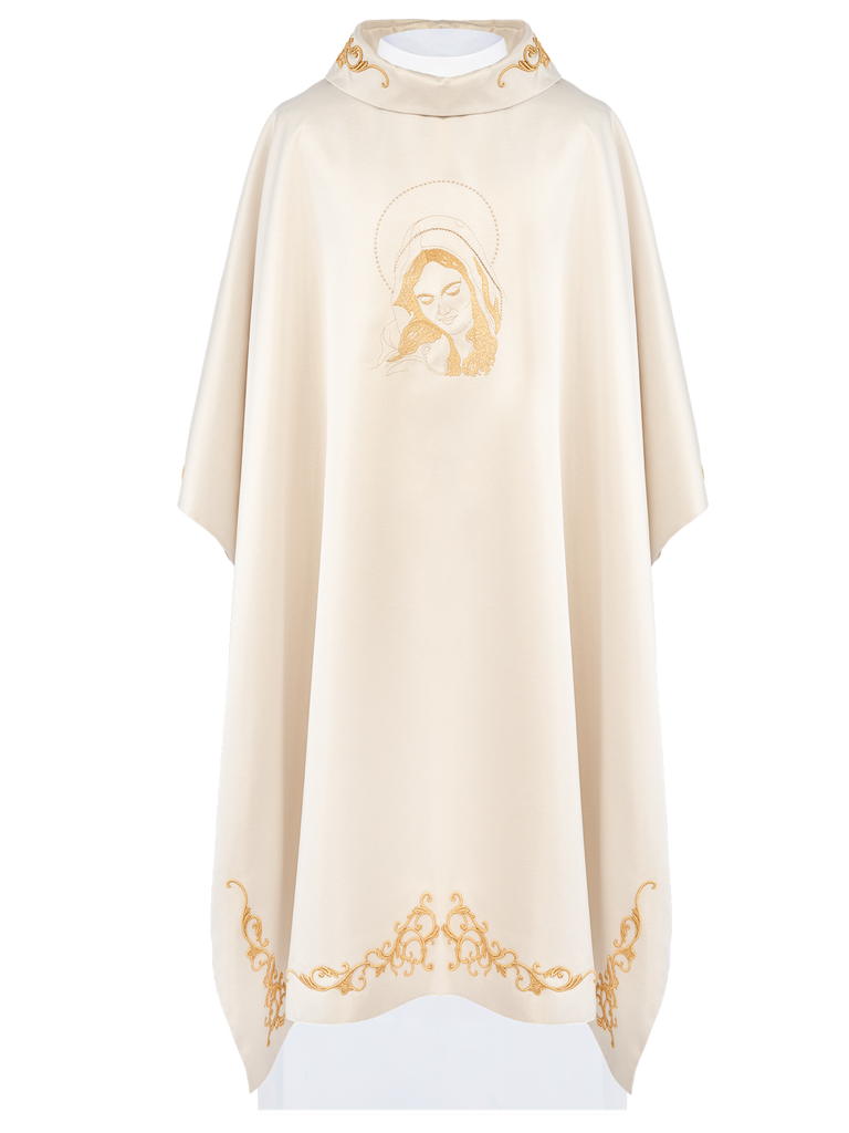 Liturgical chasuble with the image of Our Lady hugging the baby Jesus