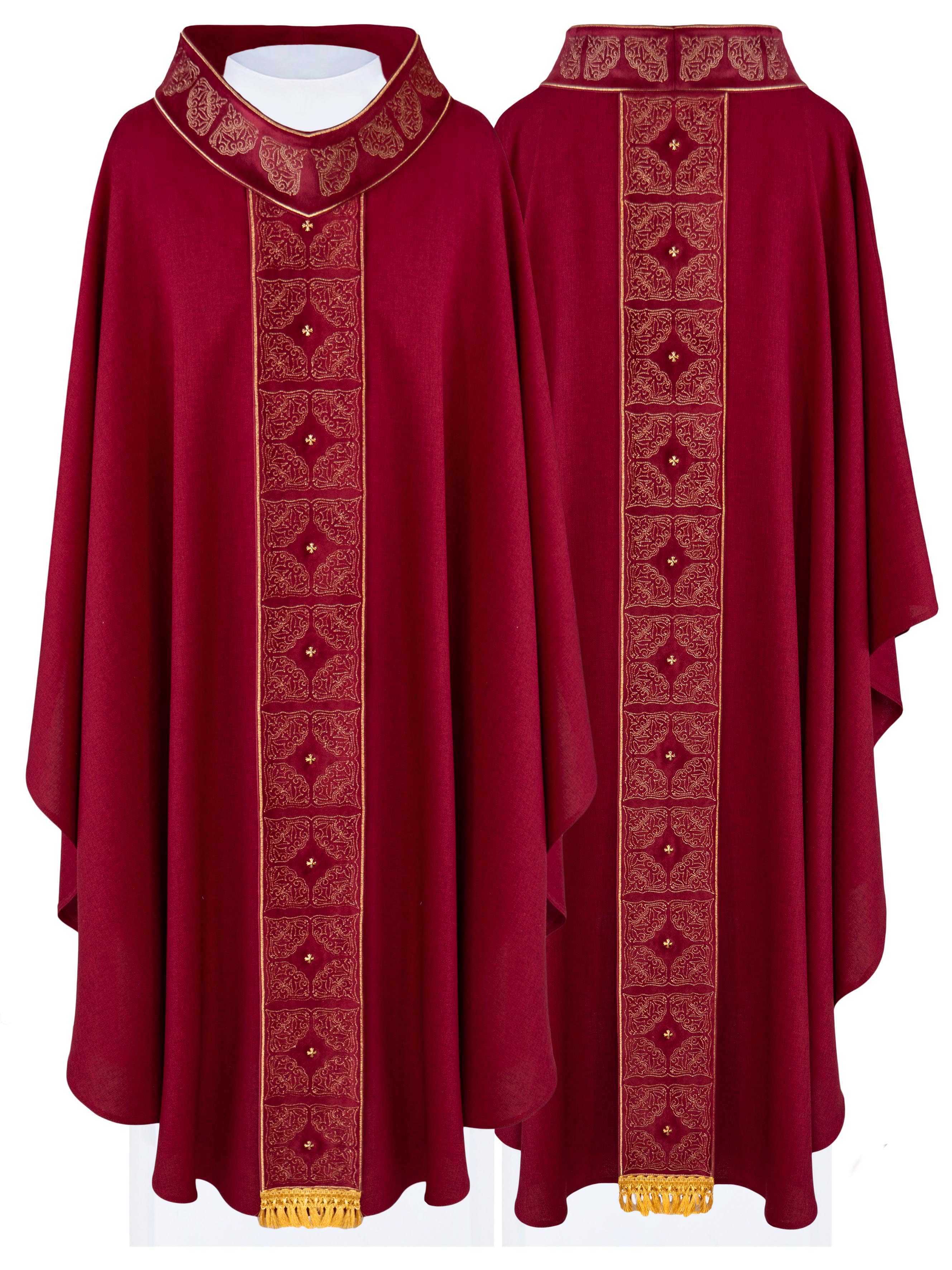 Chasuble with richly embroidered belt and collar in red