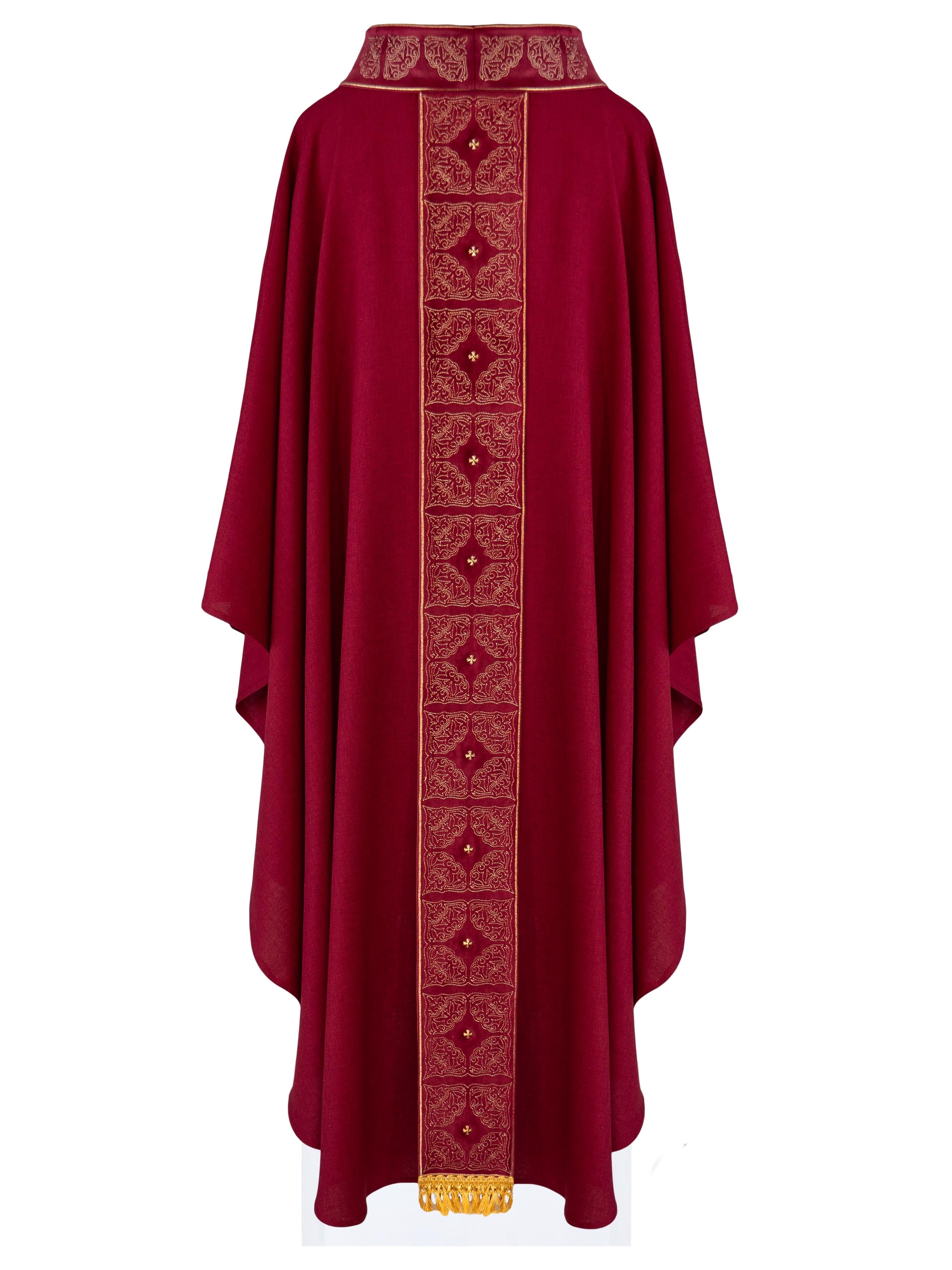 Chasuble with richly embroidered belt and collar in red