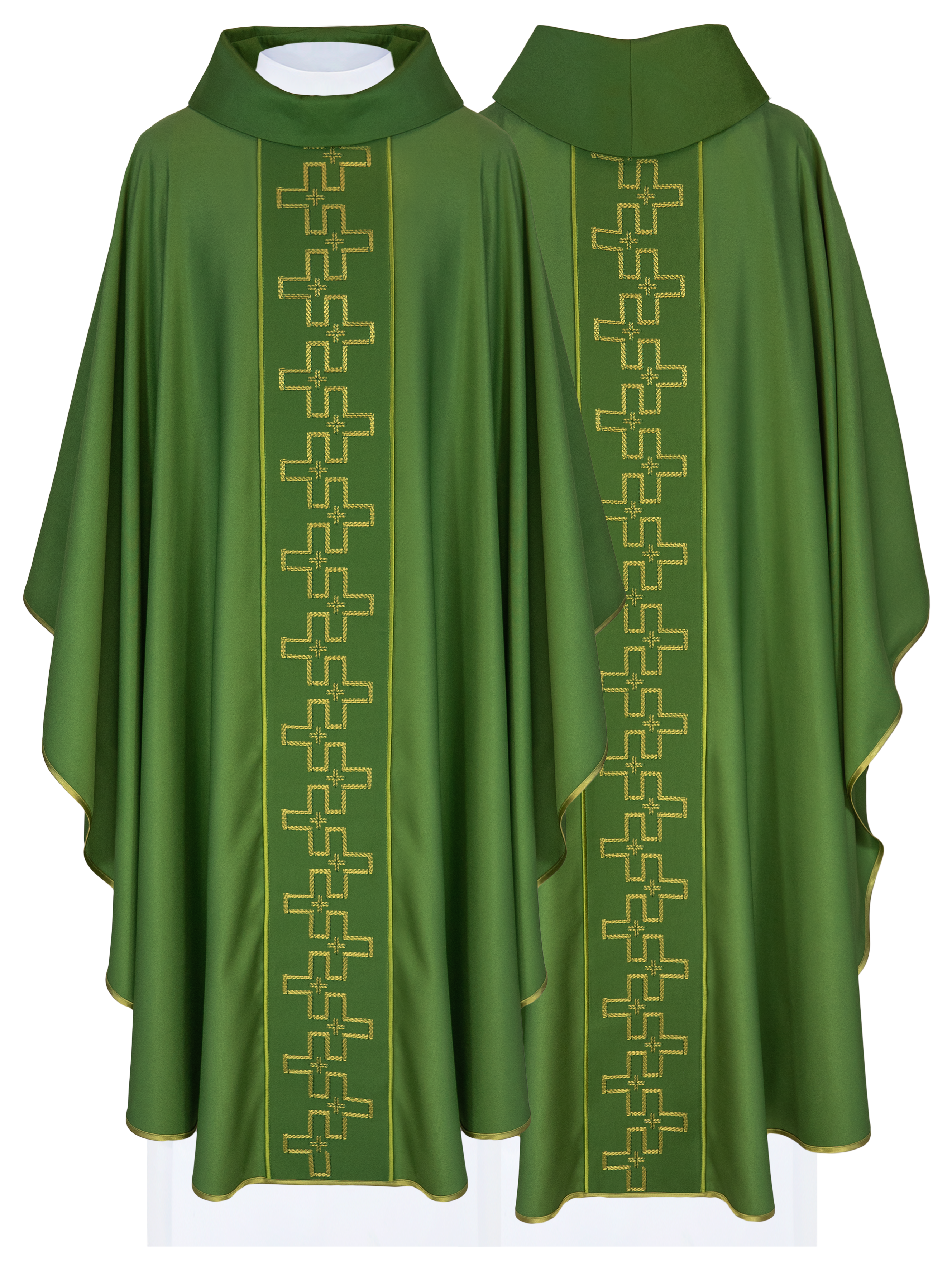 Chasuble with richly embroidered belt in embroidery of crosses in green color