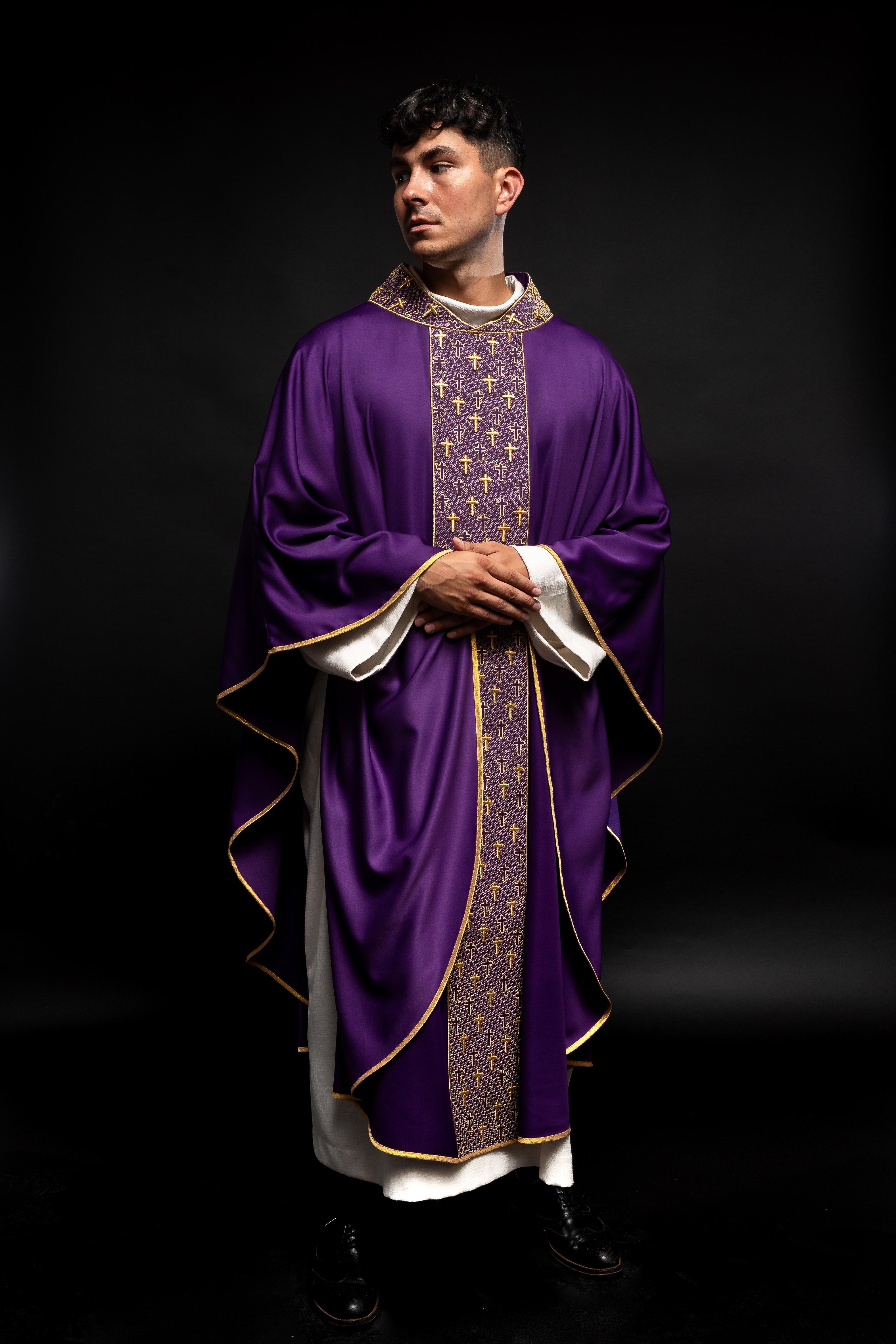 Purple chasuble with gold cross embroidery on wide orphrey and collar