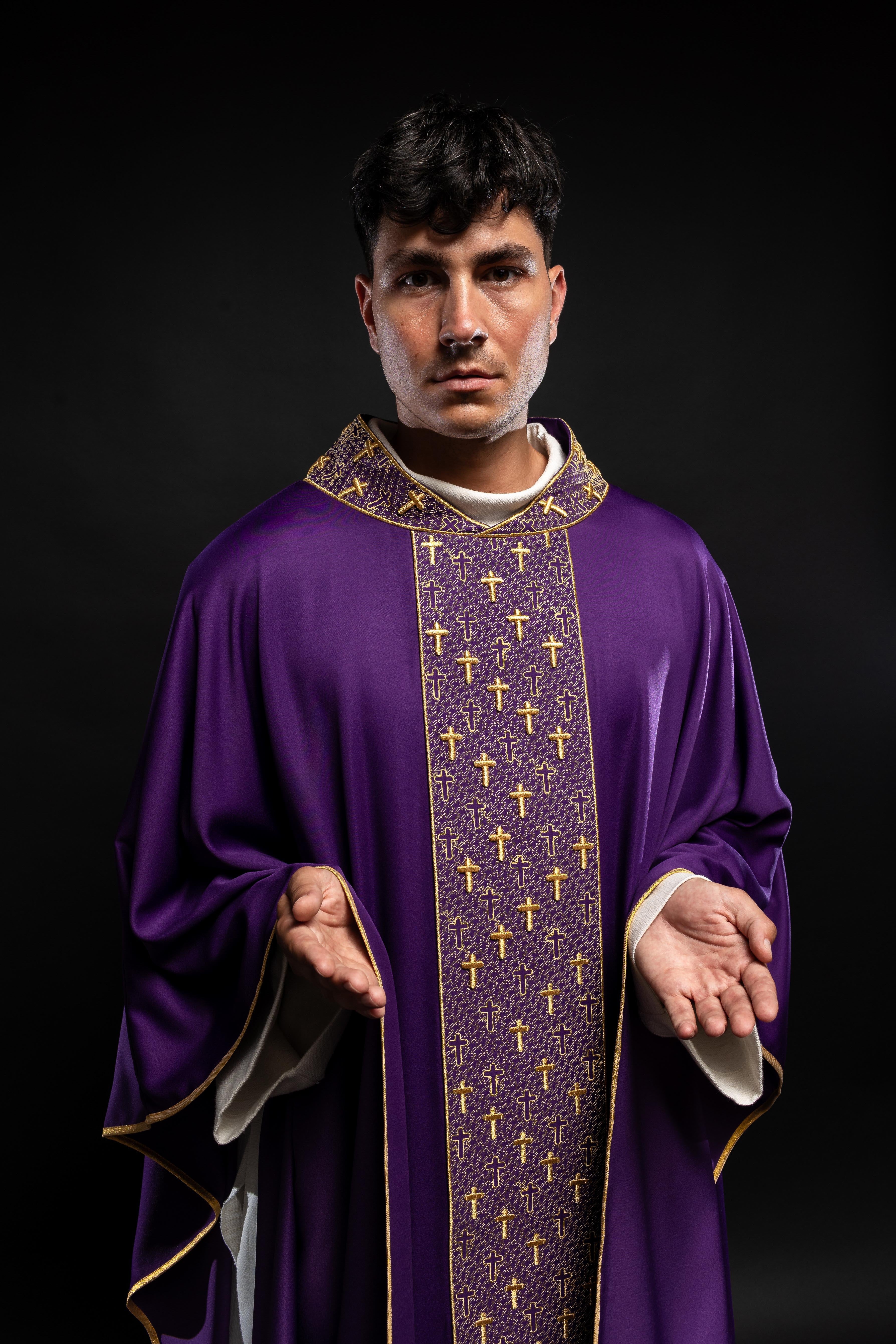 Purple chasuble with gold cross embroidery on wide orphrey and collar