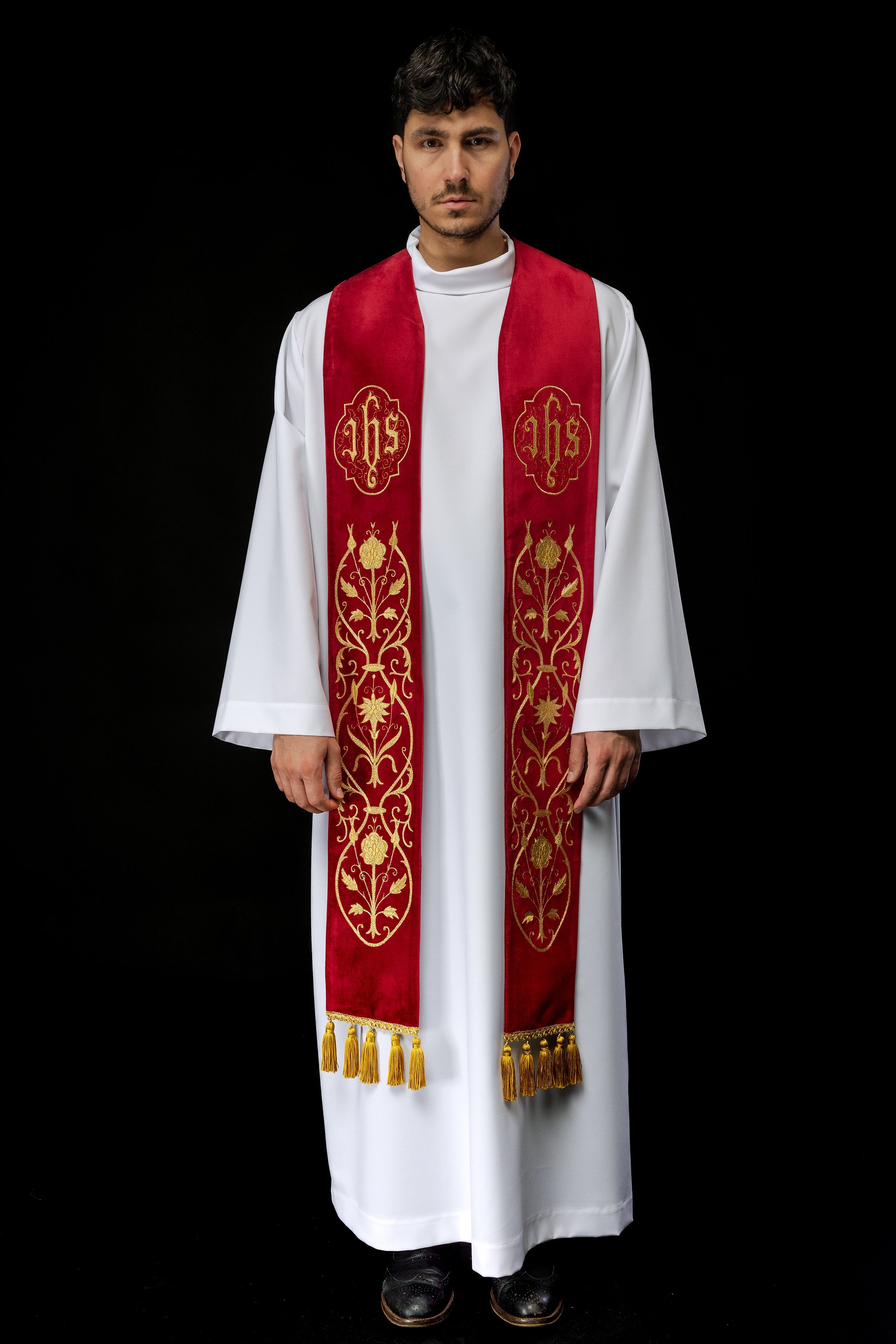 Priest stole in red with gold JHS and tassels