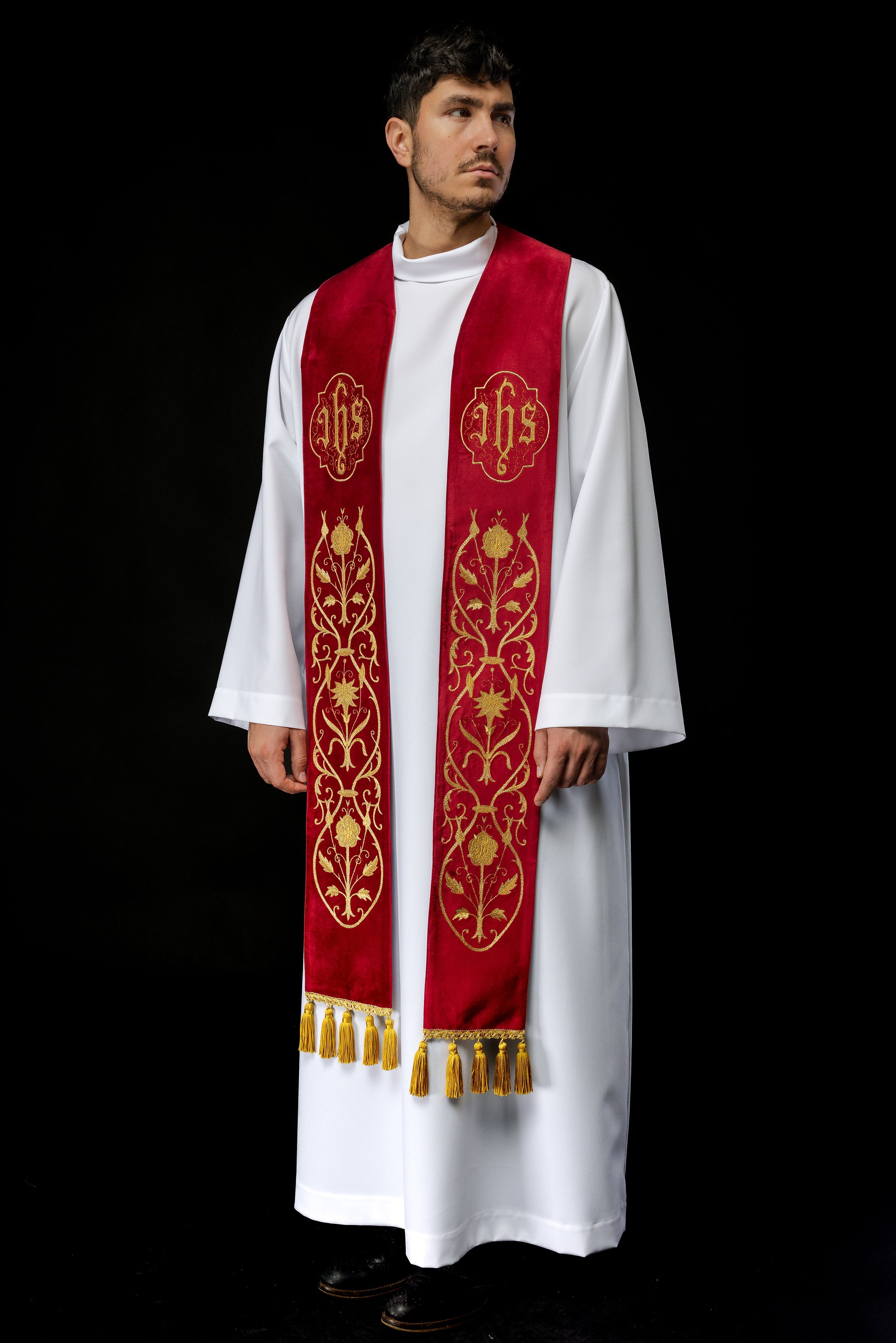 Priest stole in red with gold JHS and tassels