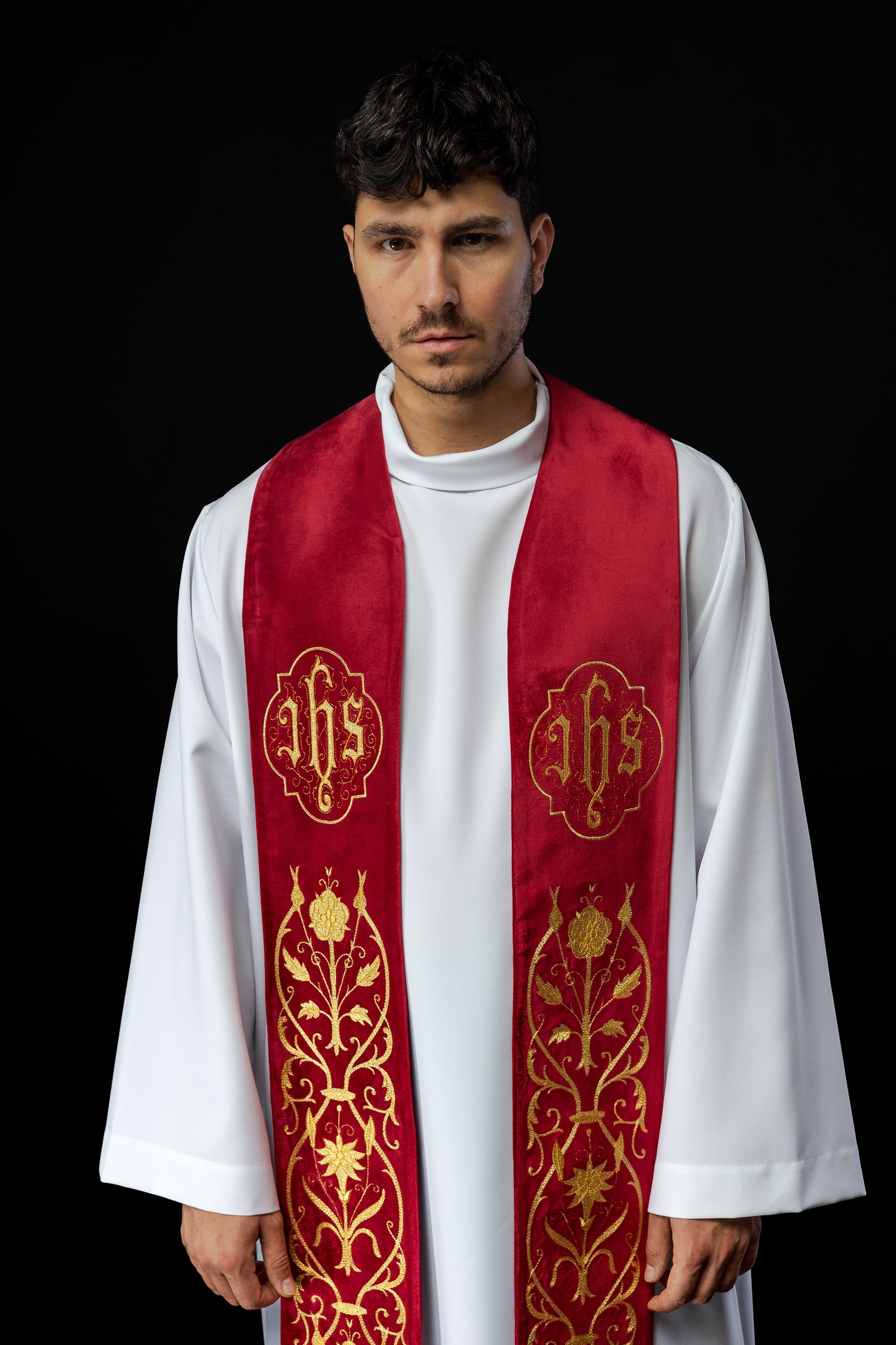 Priest stole in red with gold JHS and tassels