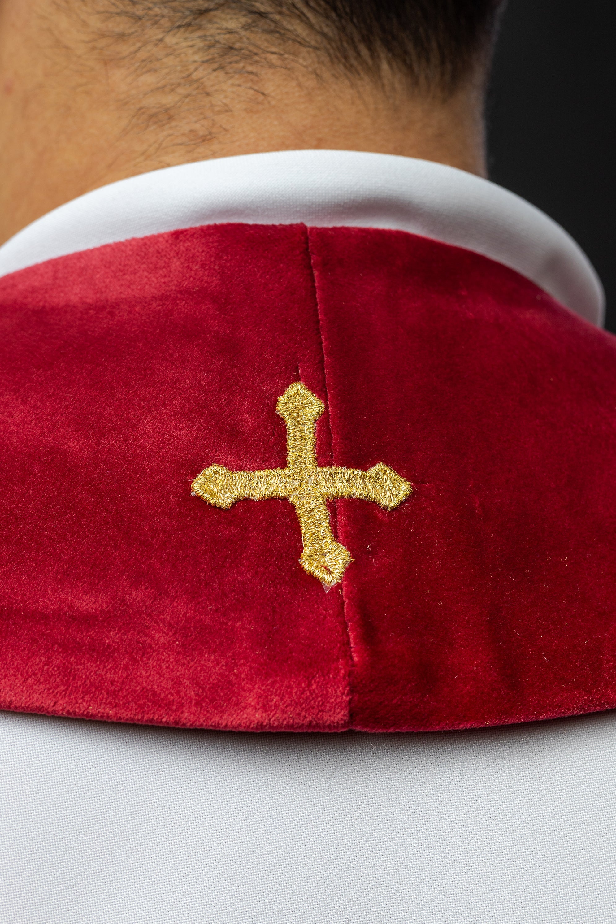 Priest stole in red with gold JHS and tassels