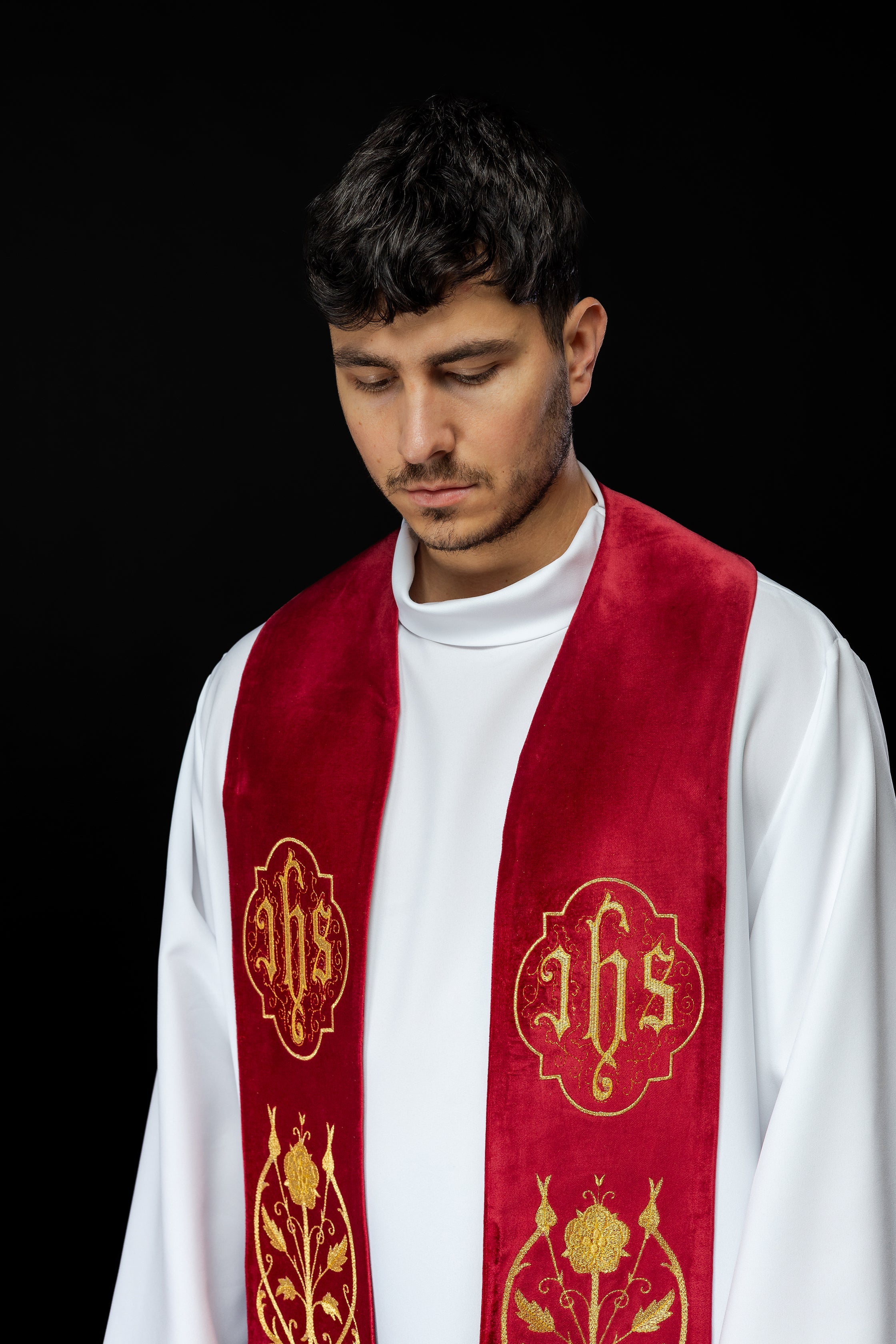 Priest stole in red with gold JHS and tassels