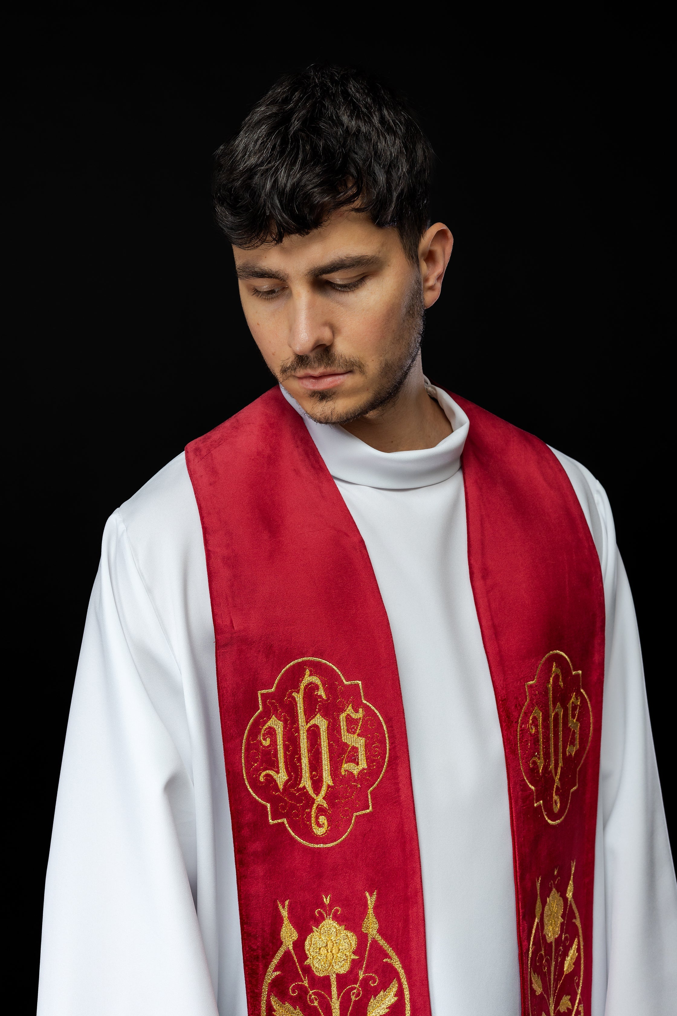 Priest stole in red with gold JHS and tassels