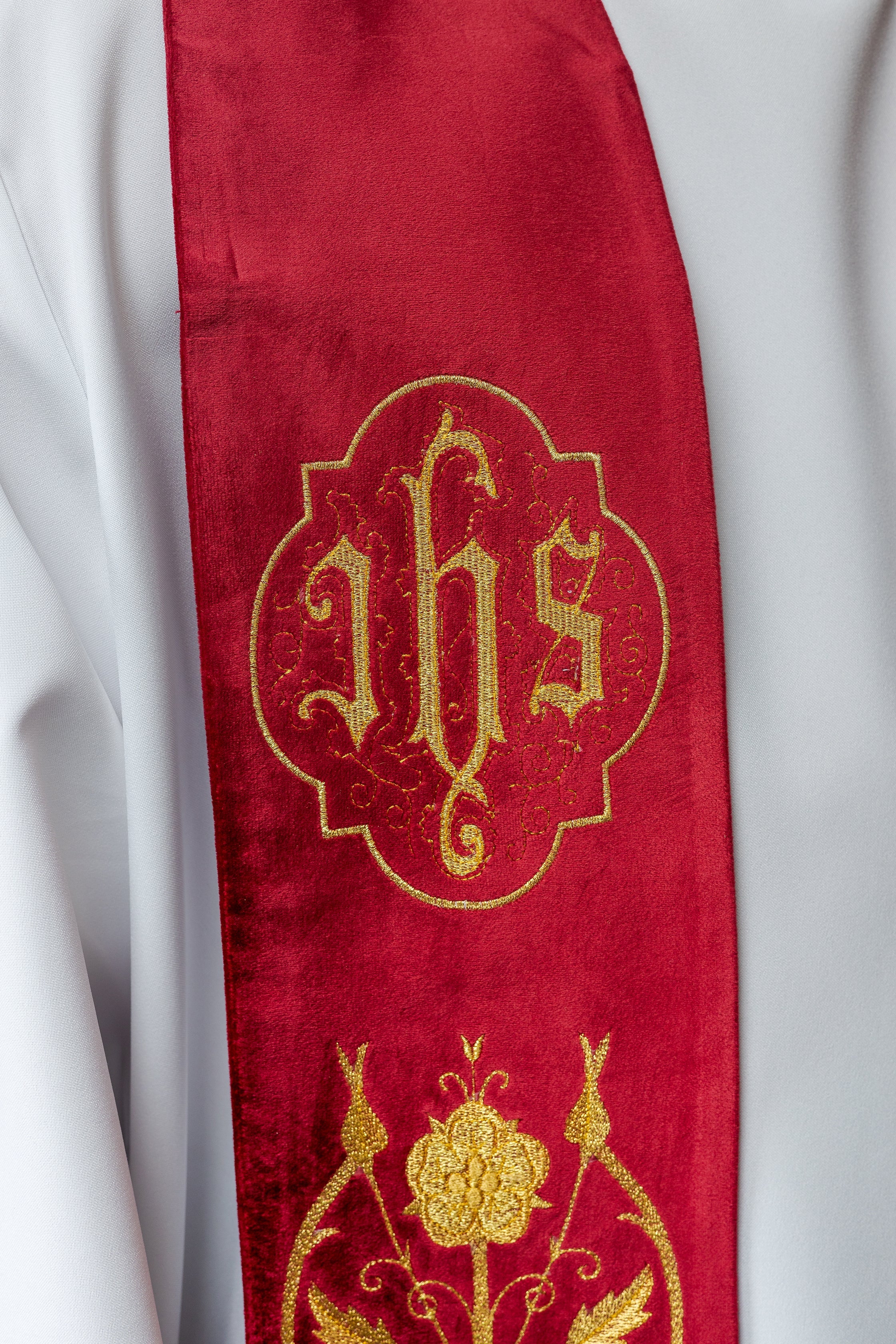 Priest stole in red with gold JHS and tassels