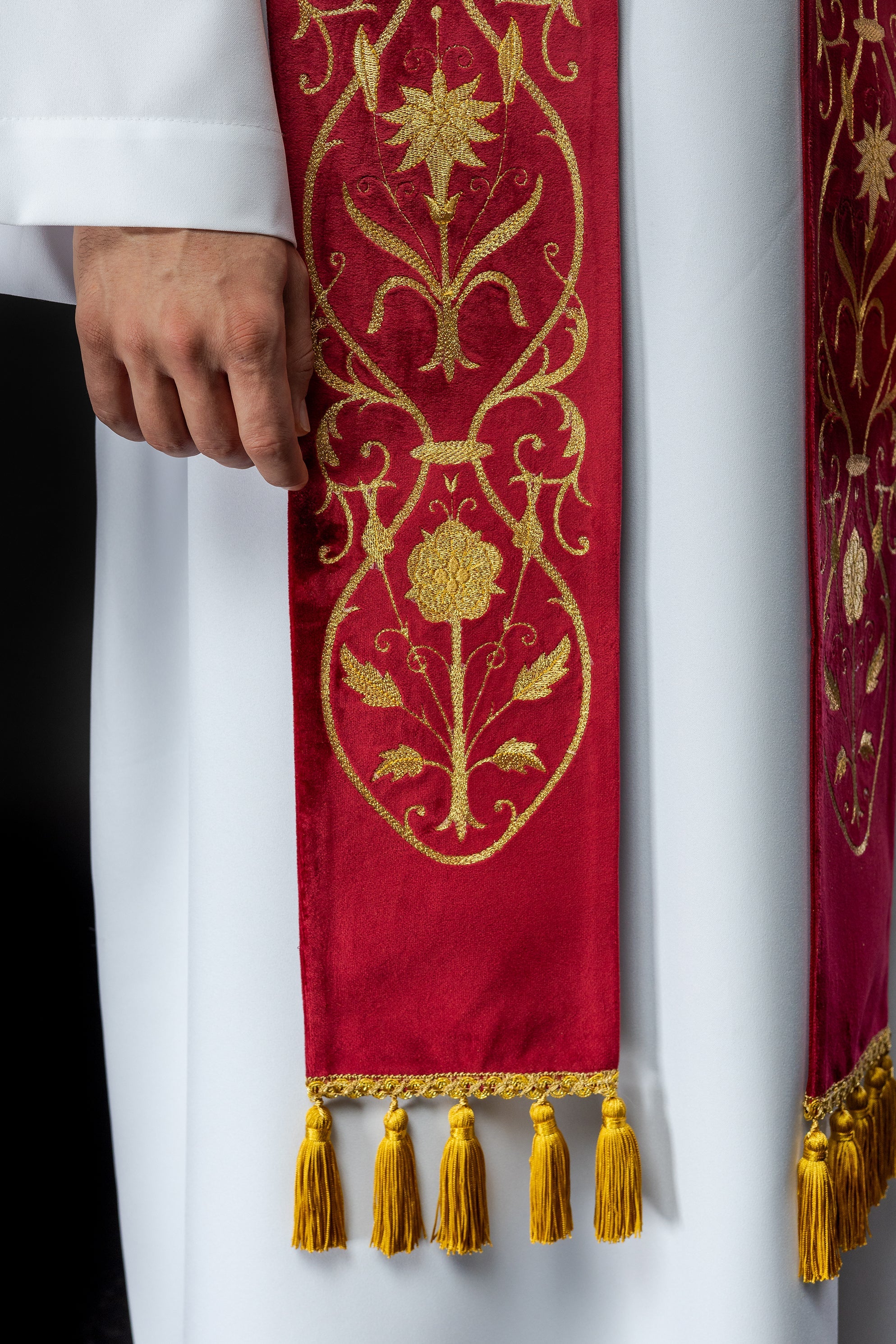 Priest stole in red with gold JHS and tassels