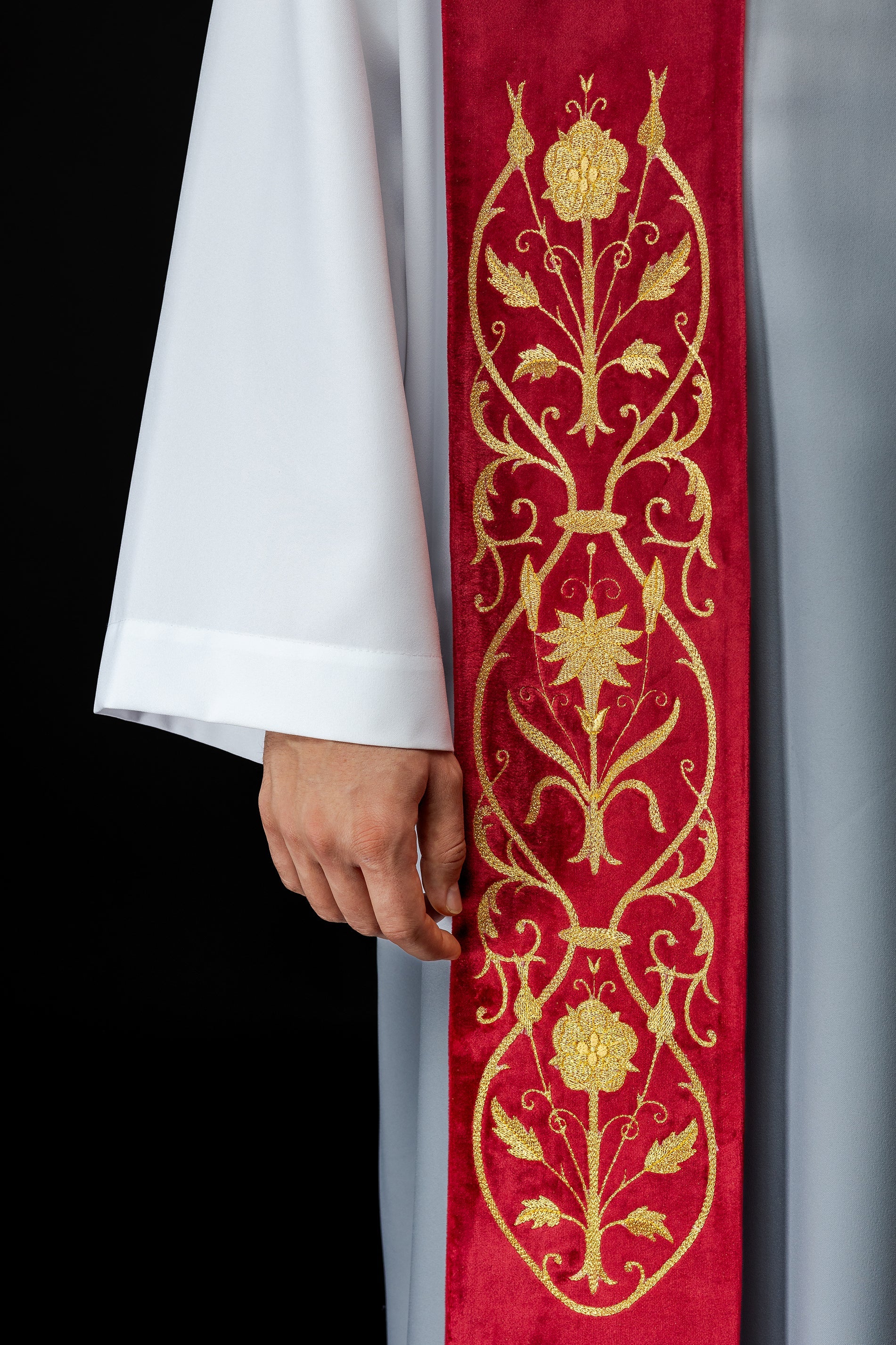 Priest stole in red with gold JHS and tassels