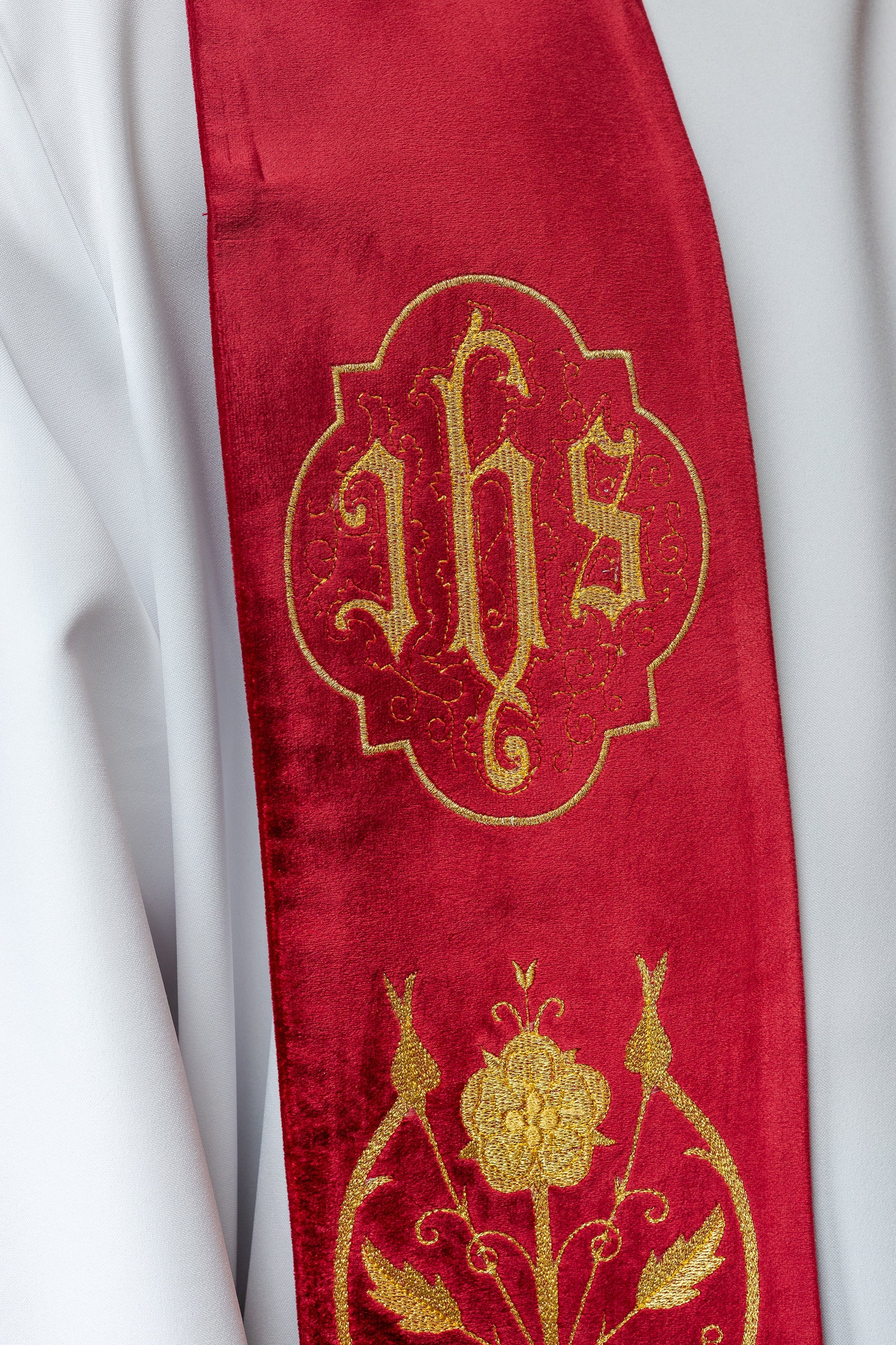 Priest stole in red with gold JHS and tassels