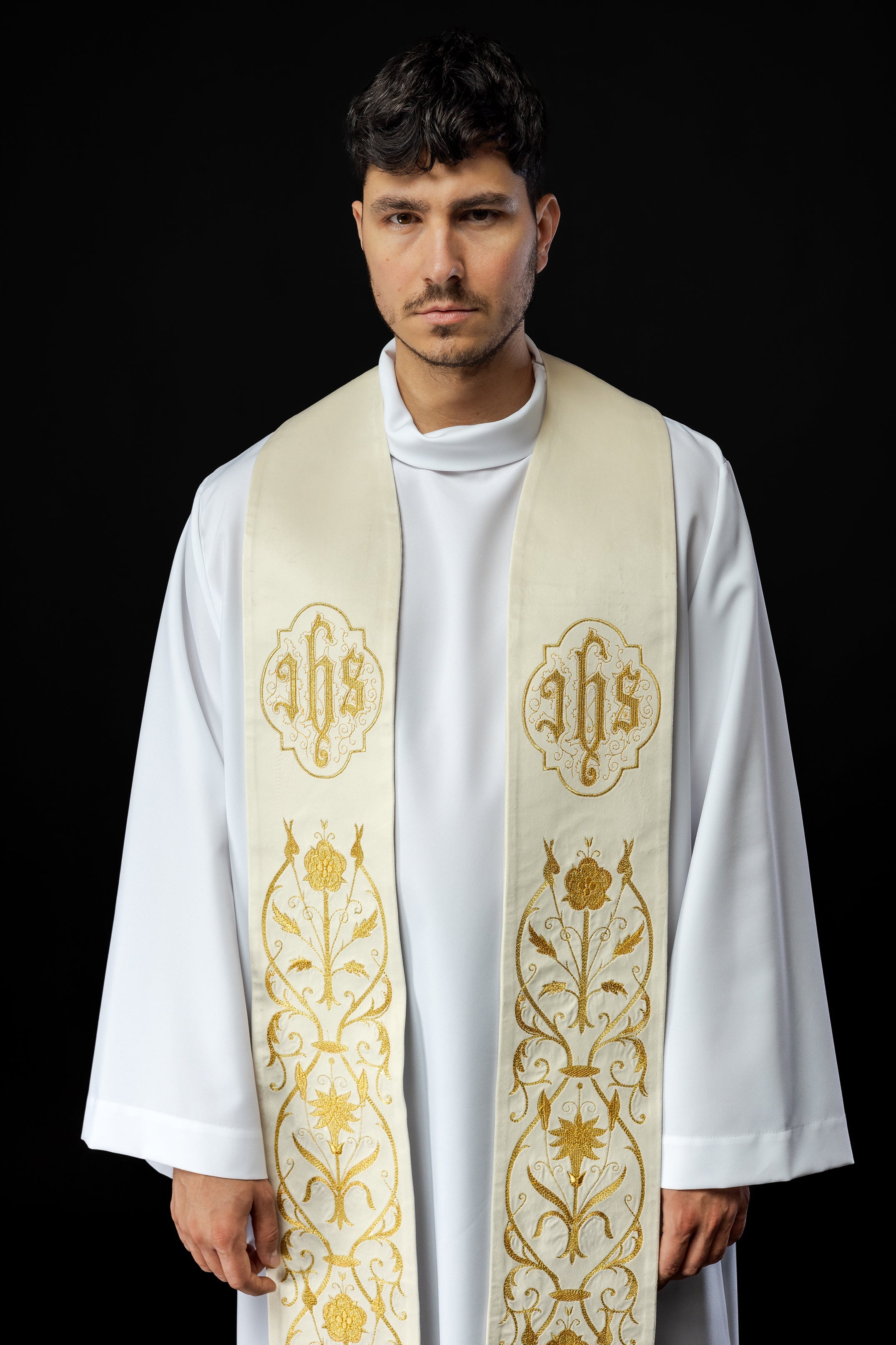 Priest stole in Ivory with embroidered gold JHS and tassels