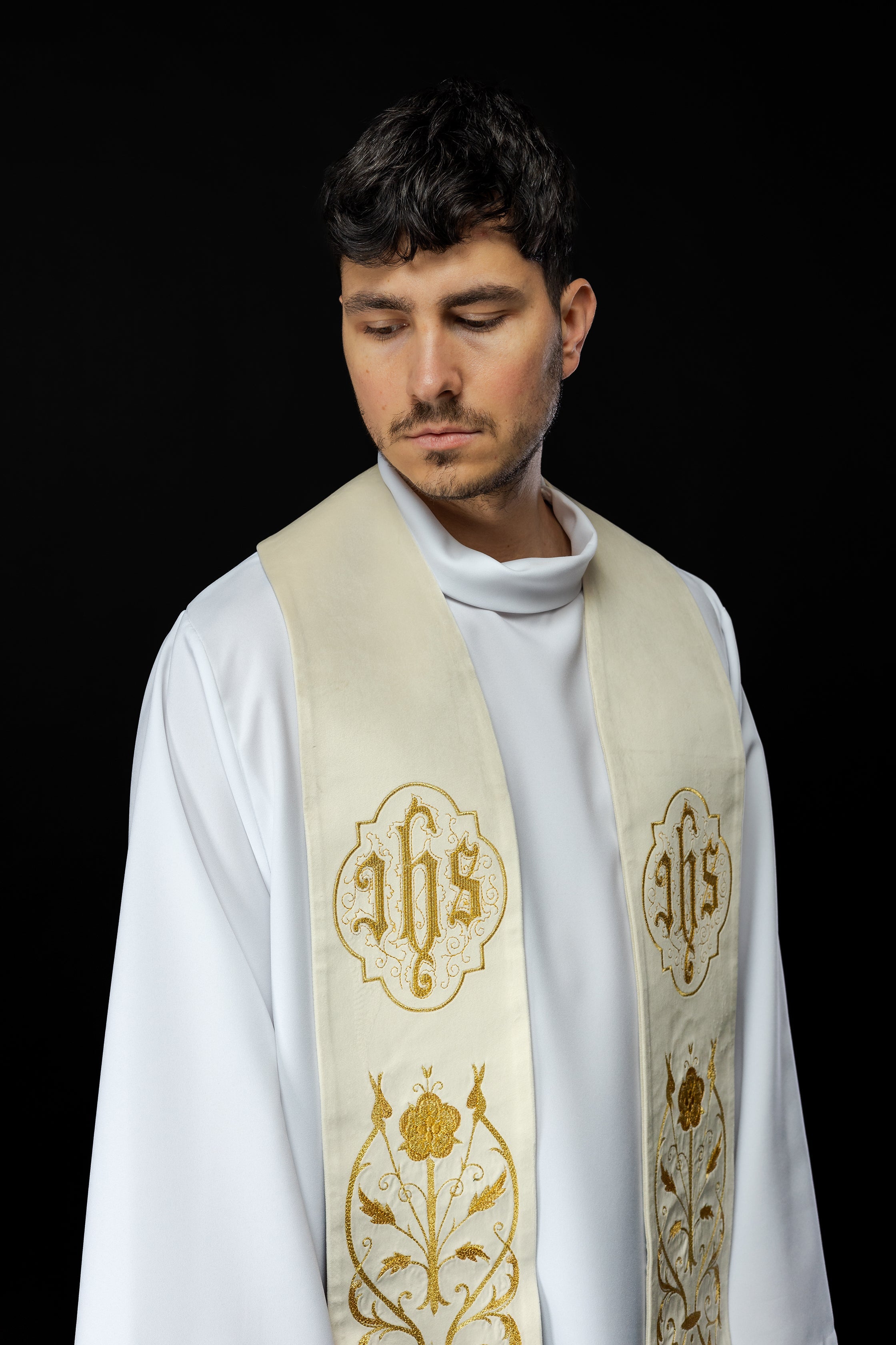 Priest stole in Ivory with embroidered gold JHS and tassels