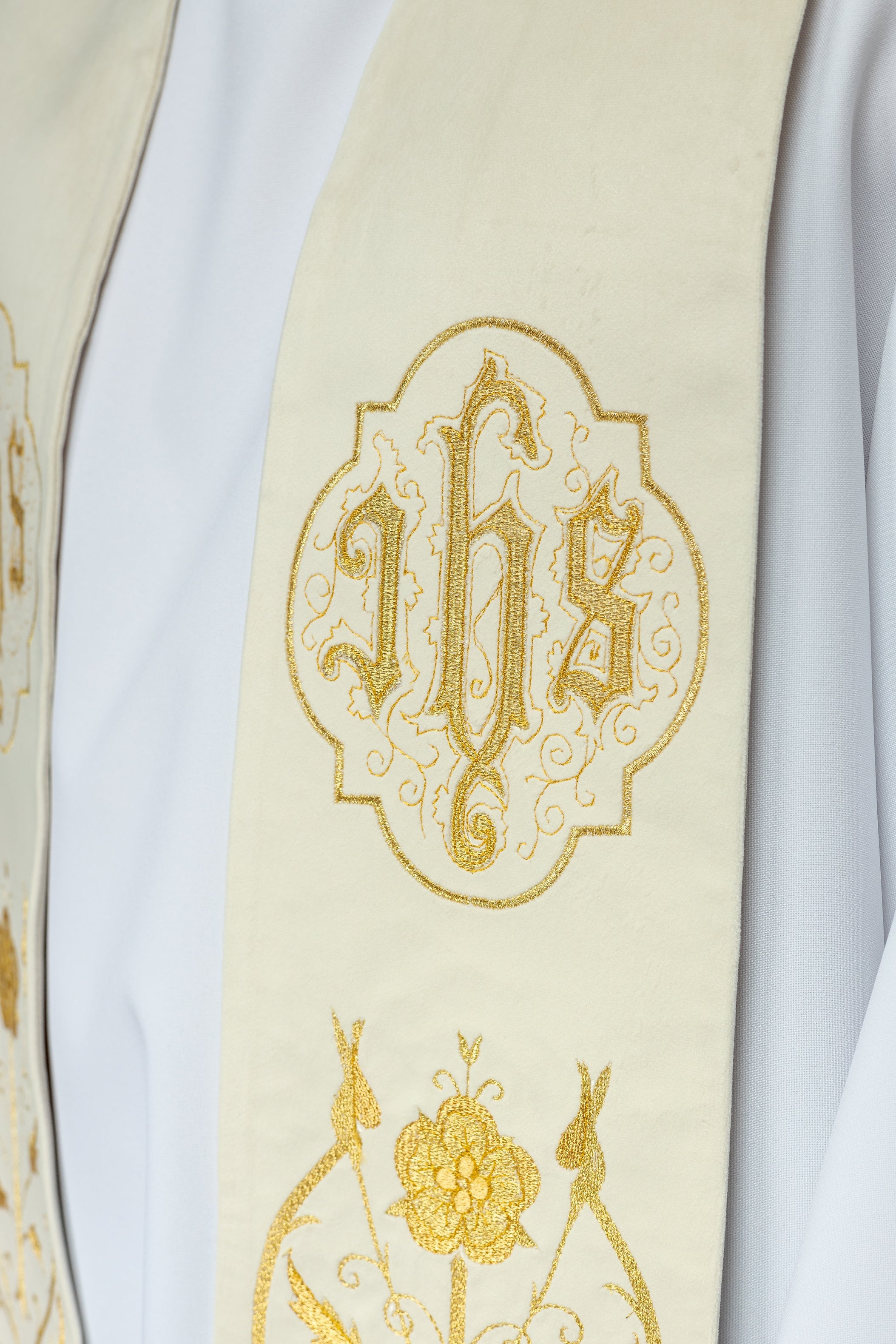 Priest stole in Ivory with embroidered gold JHS and tassels