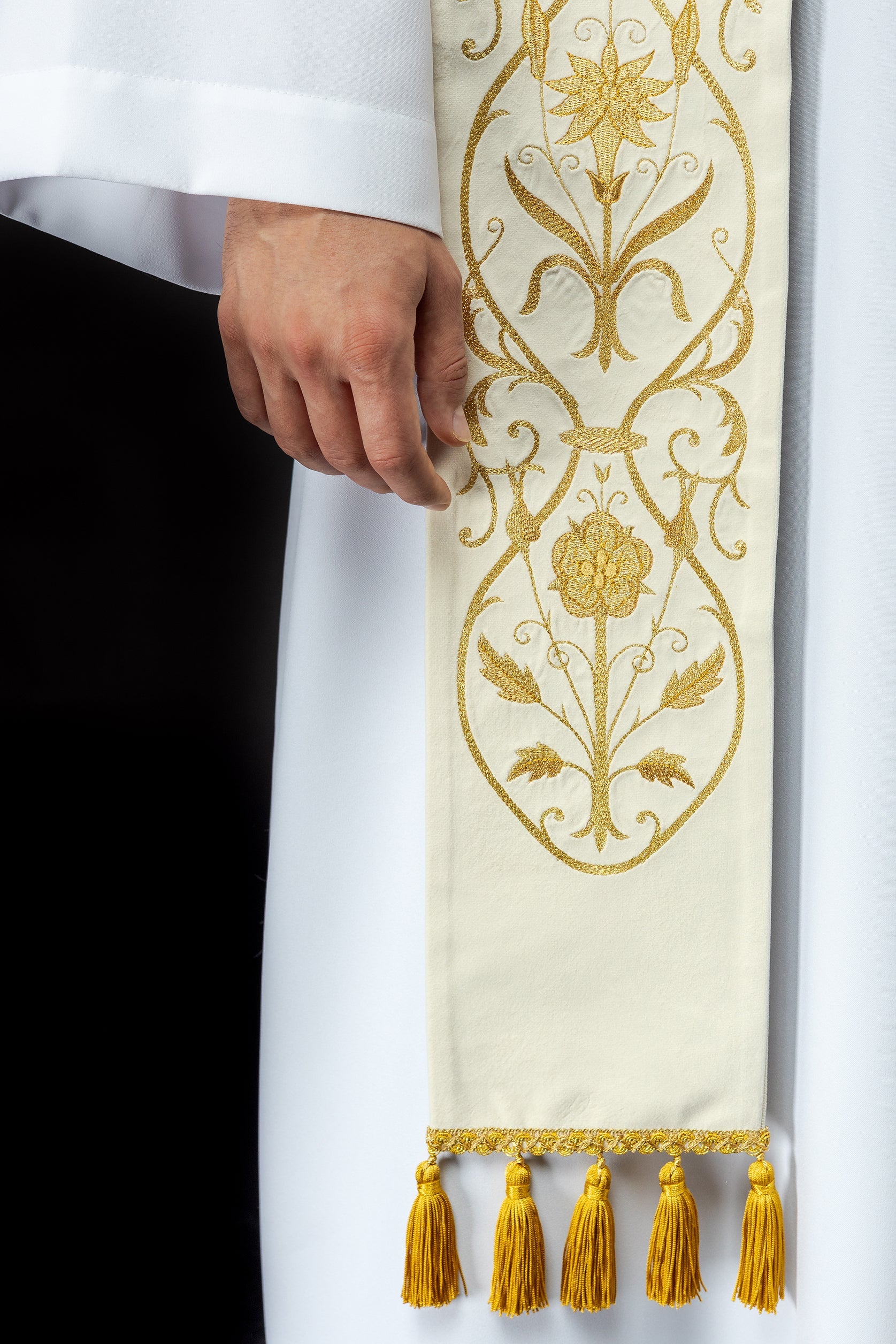 Priest stole in Ivory with embroidered gold JHS and tassels