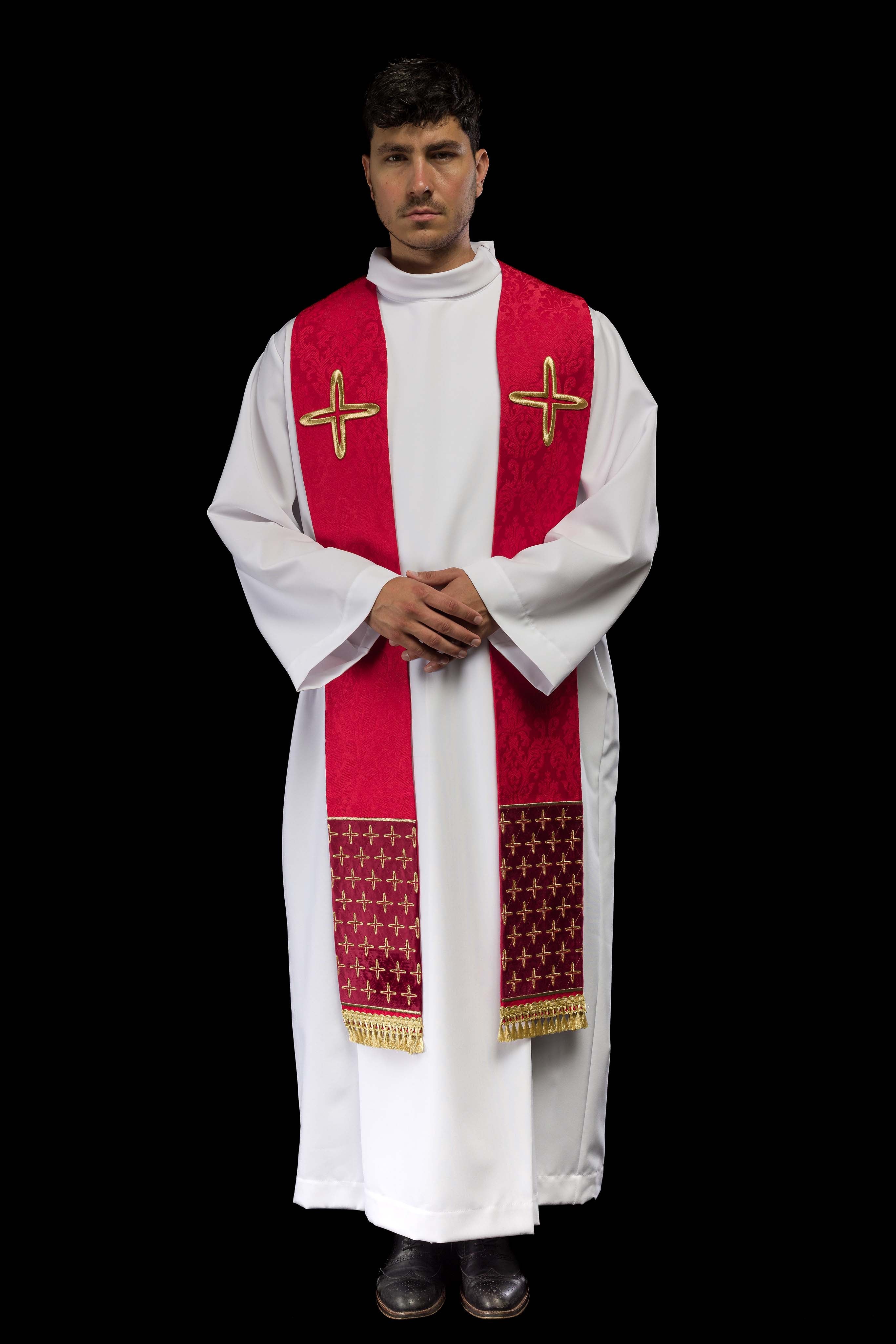Red Embroidered Jacquard Stole with Cross Motifs