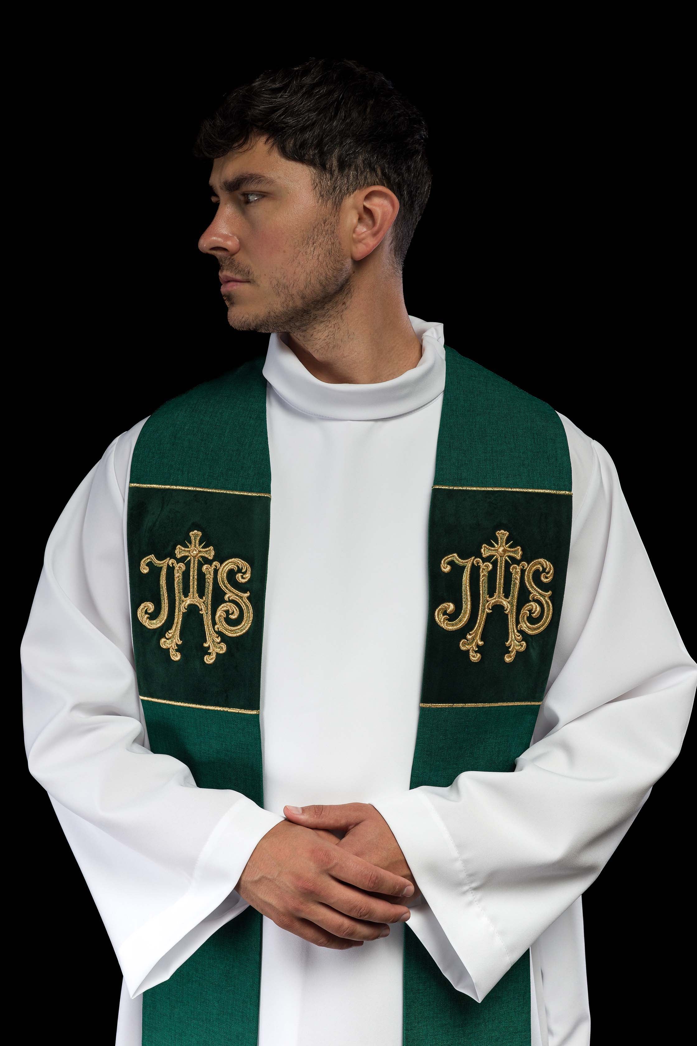 Green Embroidered Velvet Stole with IHS Motif