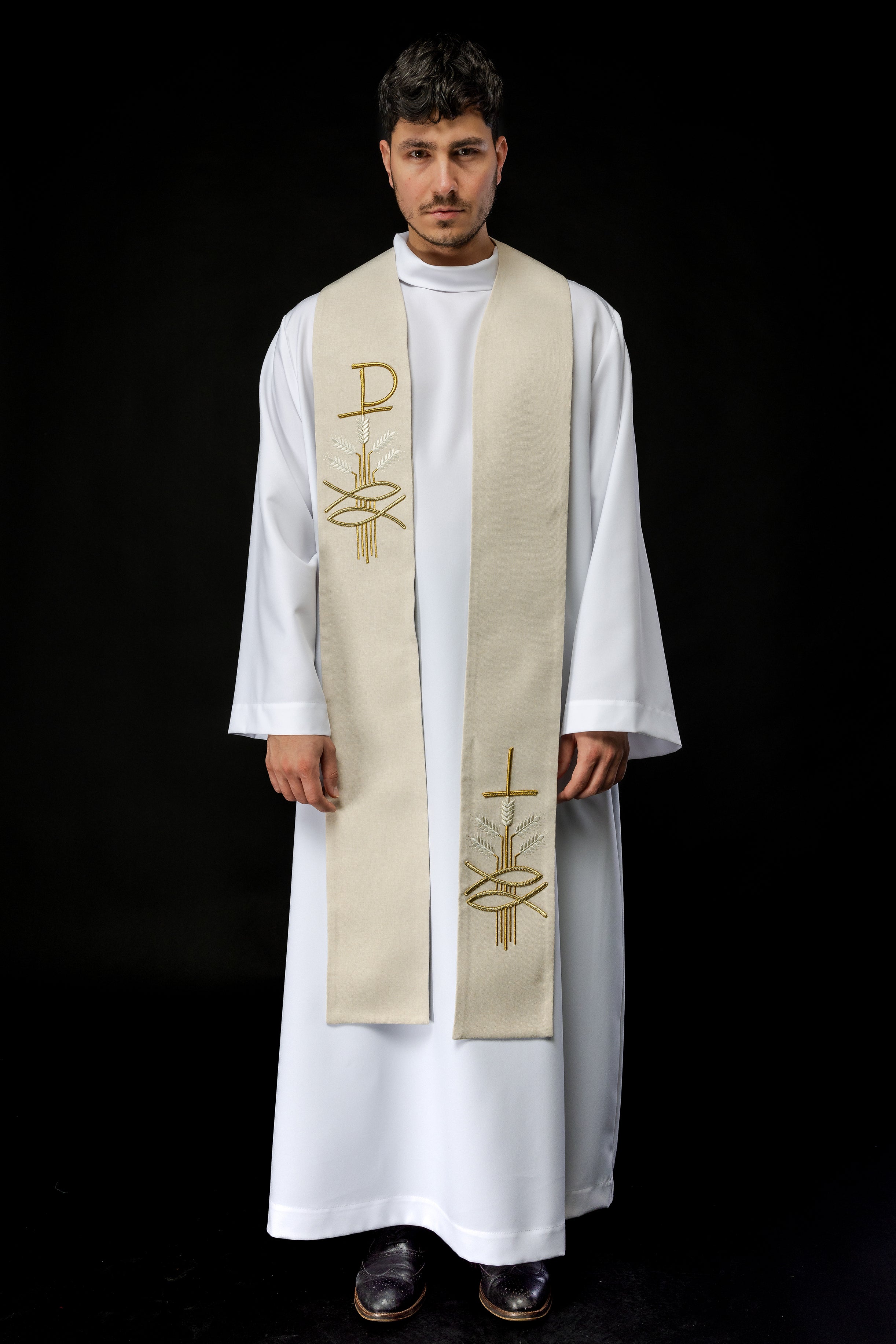 Simple priest stole in ivory with ichthys and PAX embroidery