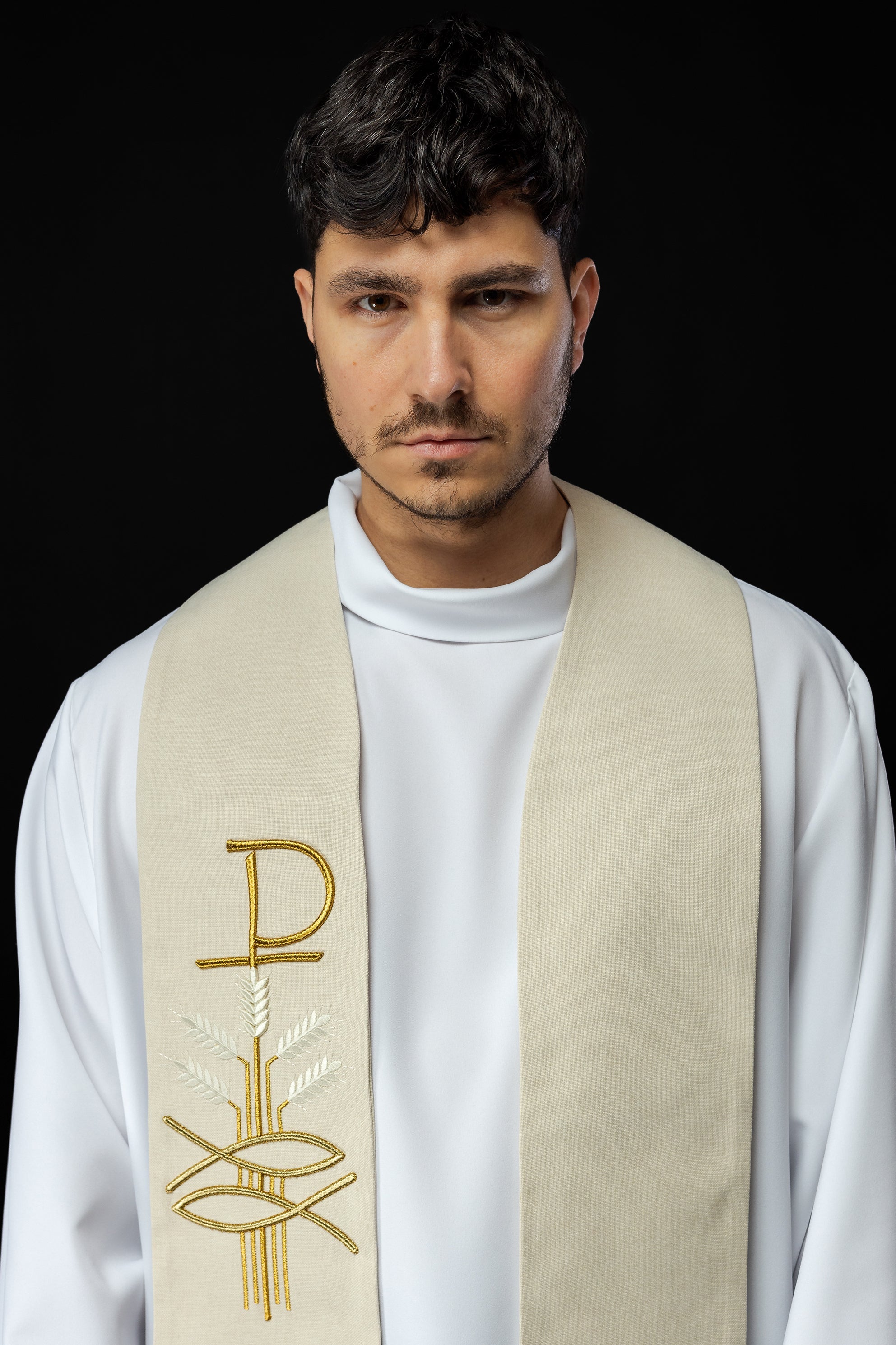 Simple priest stole in ivory with ichthys and PAX embroidery