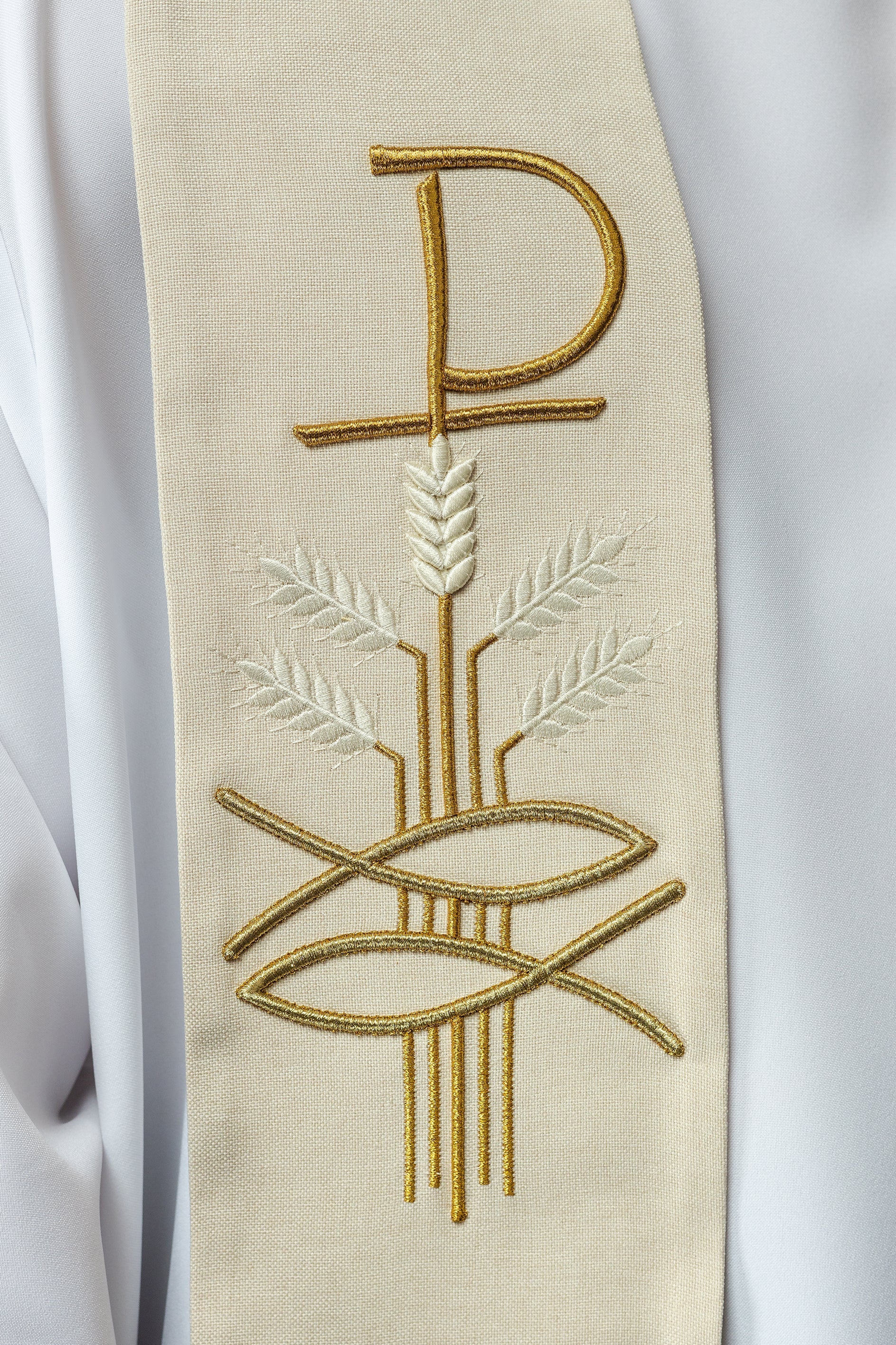 Simple priest stole in ivory with ichthys and PAX embroidery