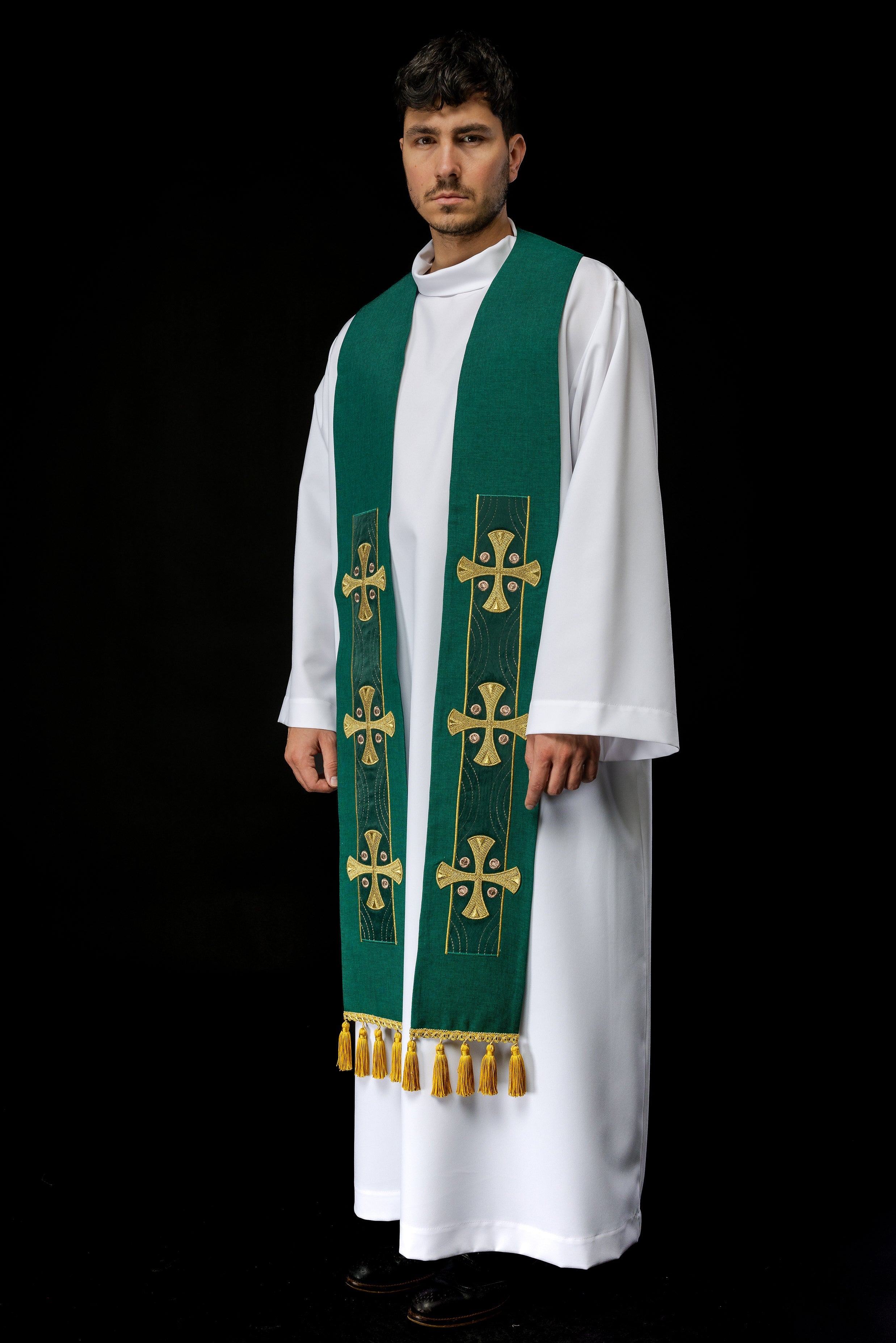 Modern green liturgical stole with three gold crosses and tassels