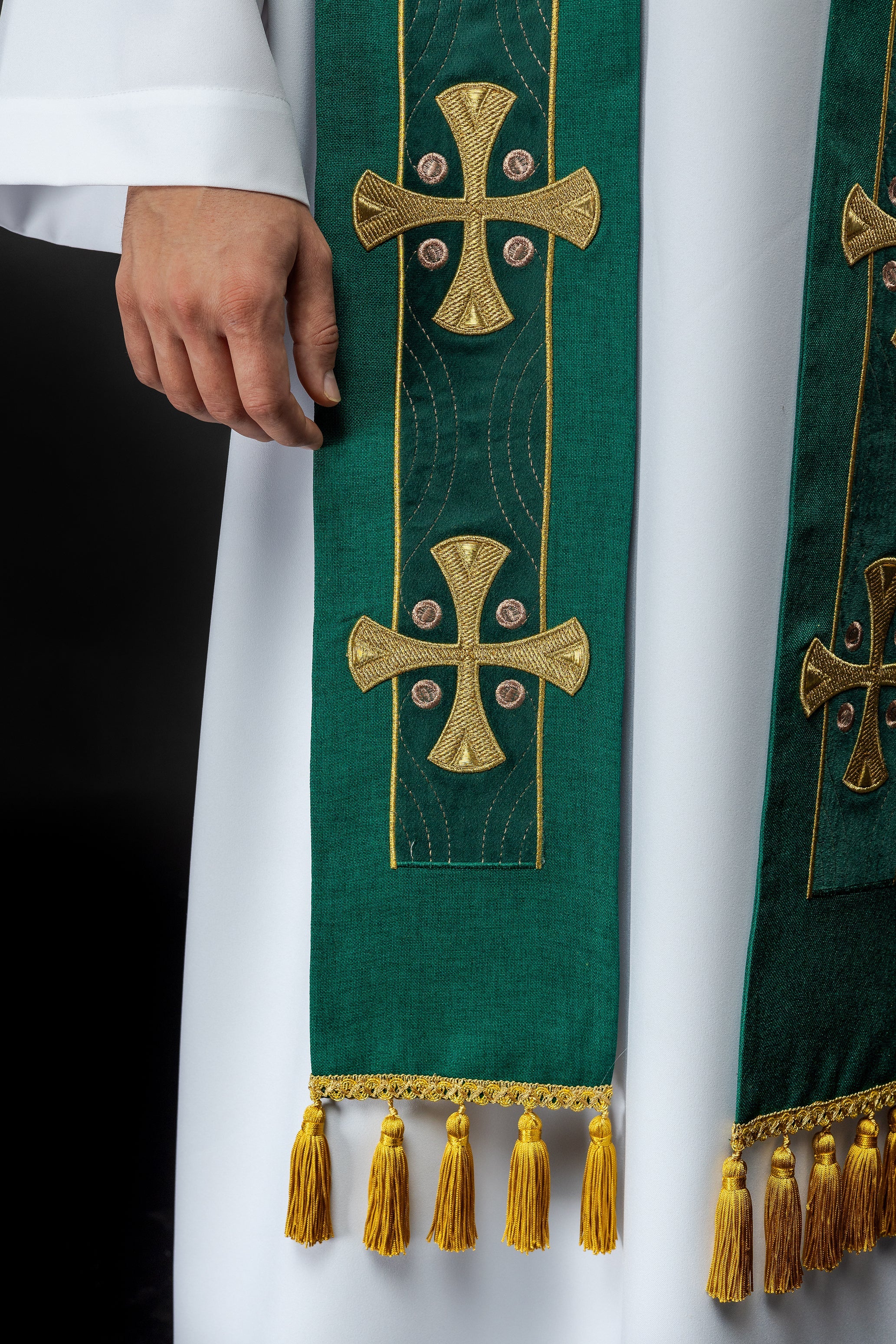 Modern green liturgical stole with three gold crosses and tassels