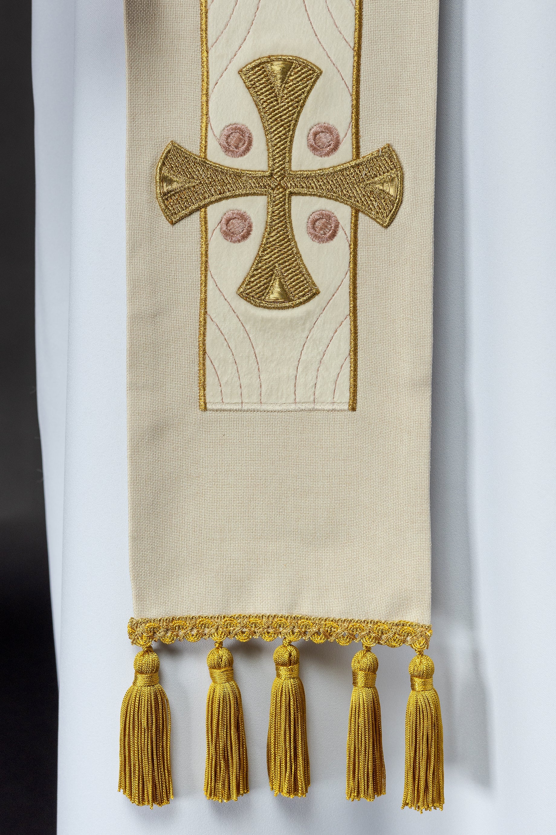 Ivory colored stole with gold crosses embroidery