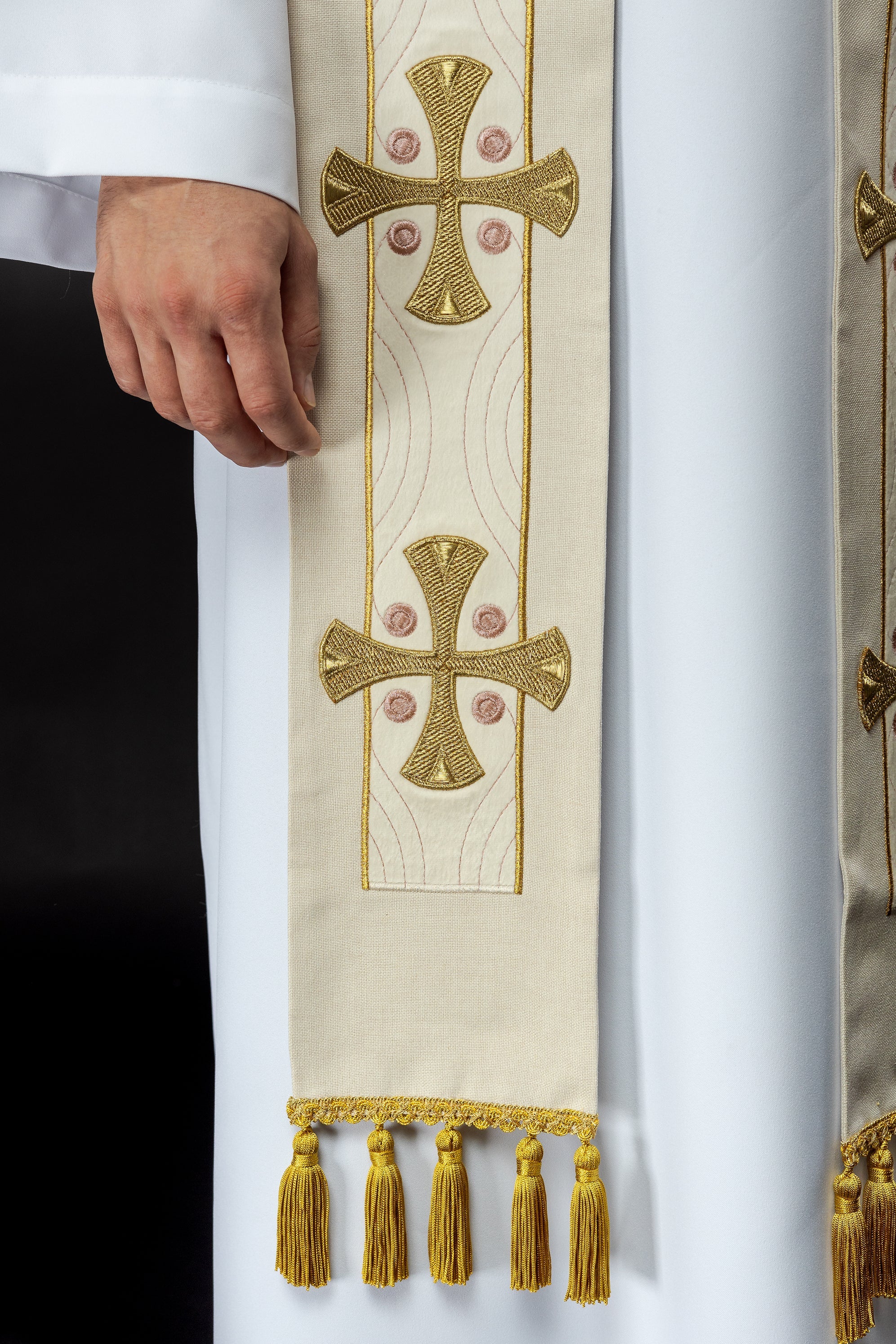 Ivory colored stole with gold crosses embroidery