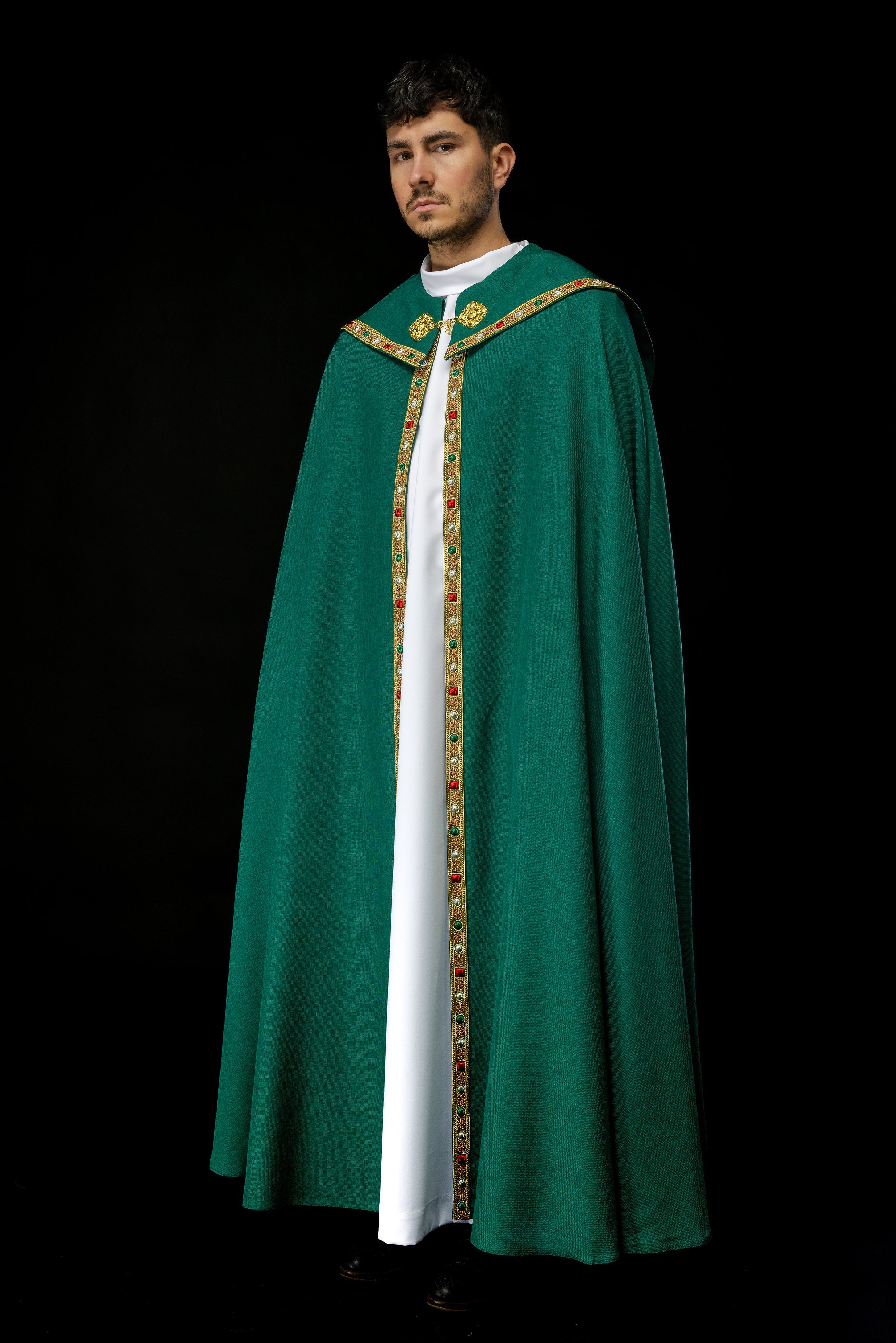 Green liturgical cope with classic JHS embroidery