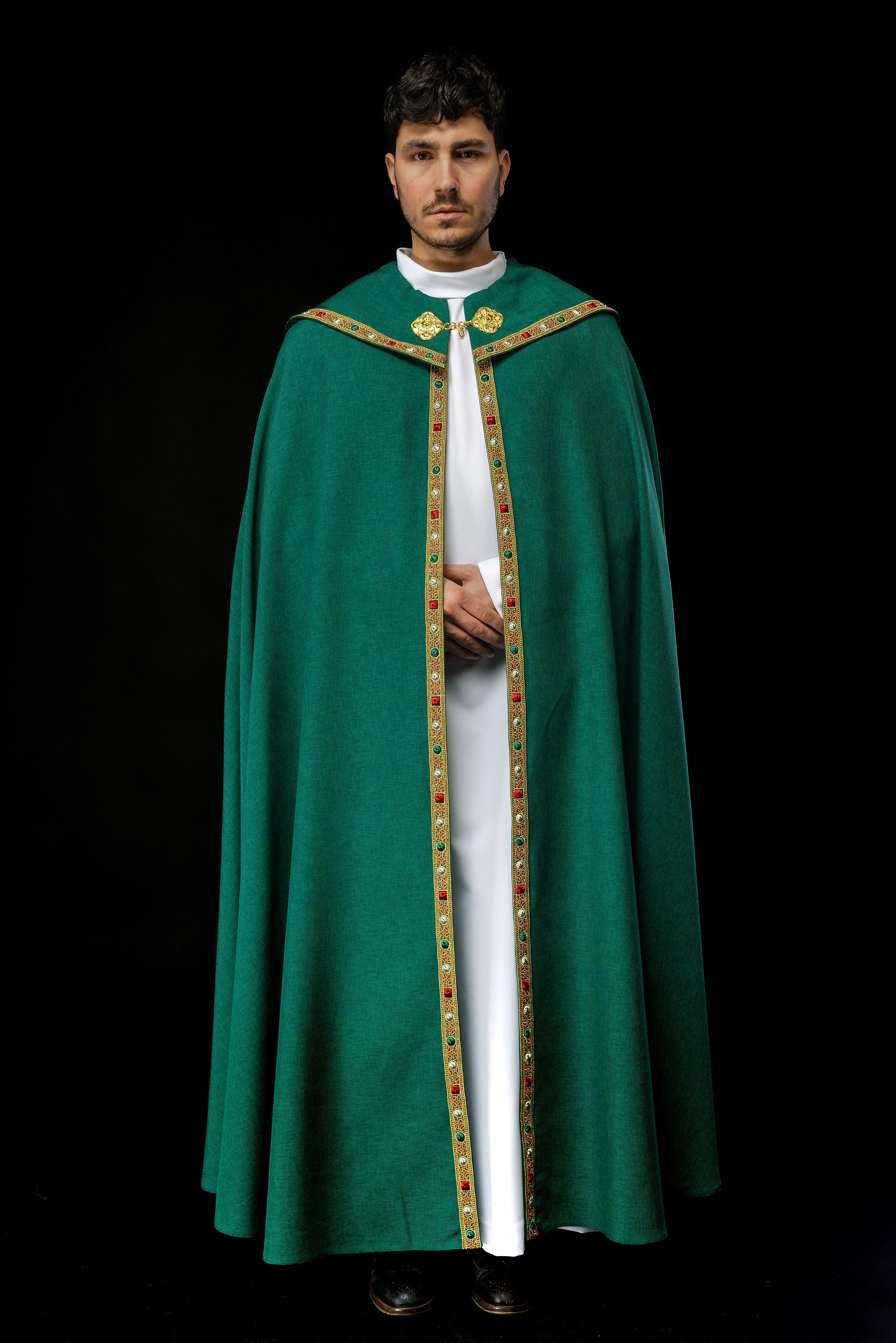 Green liturgical cope with classic JHS embroidery