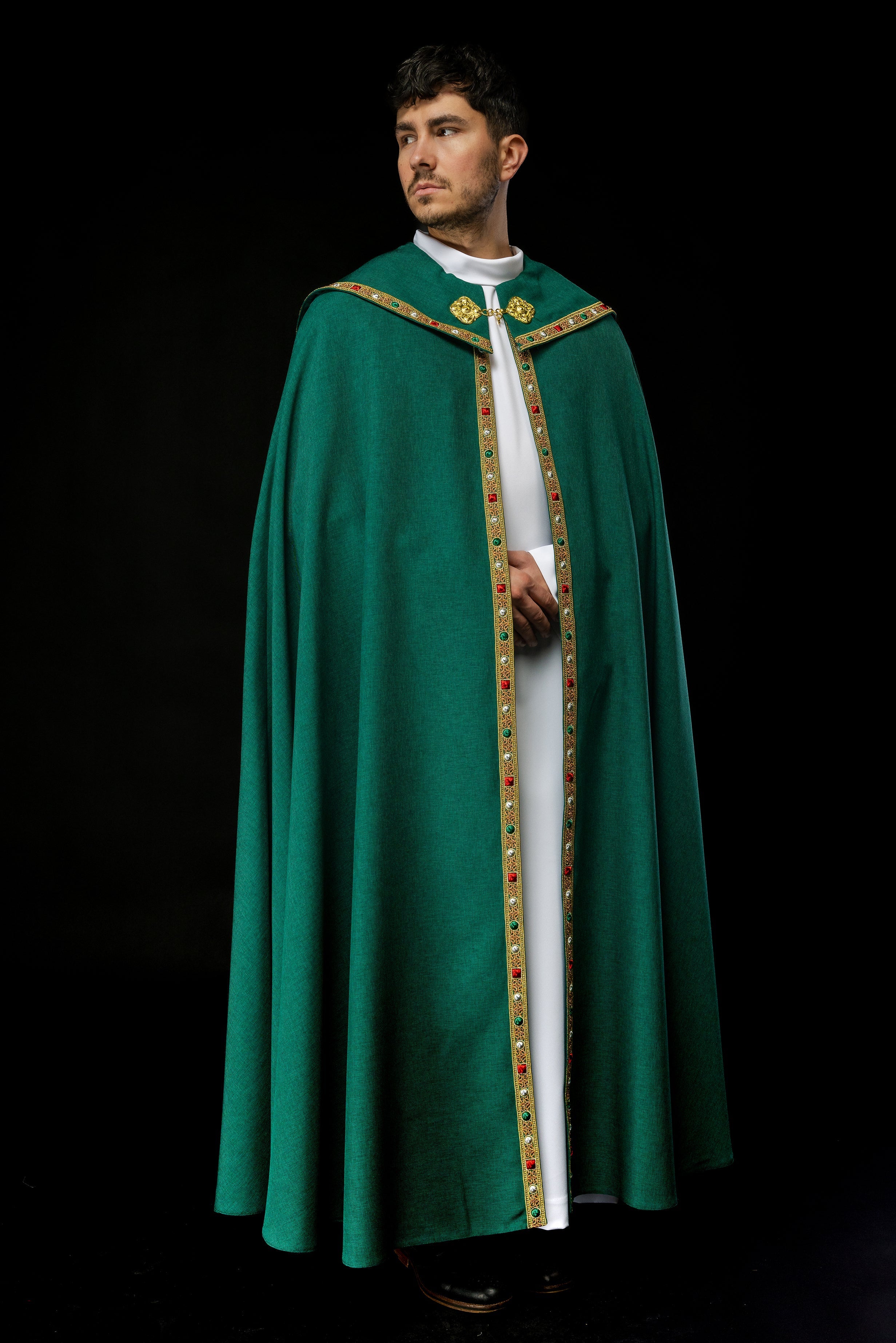 Green liturgical cope with classic JHS embroidery