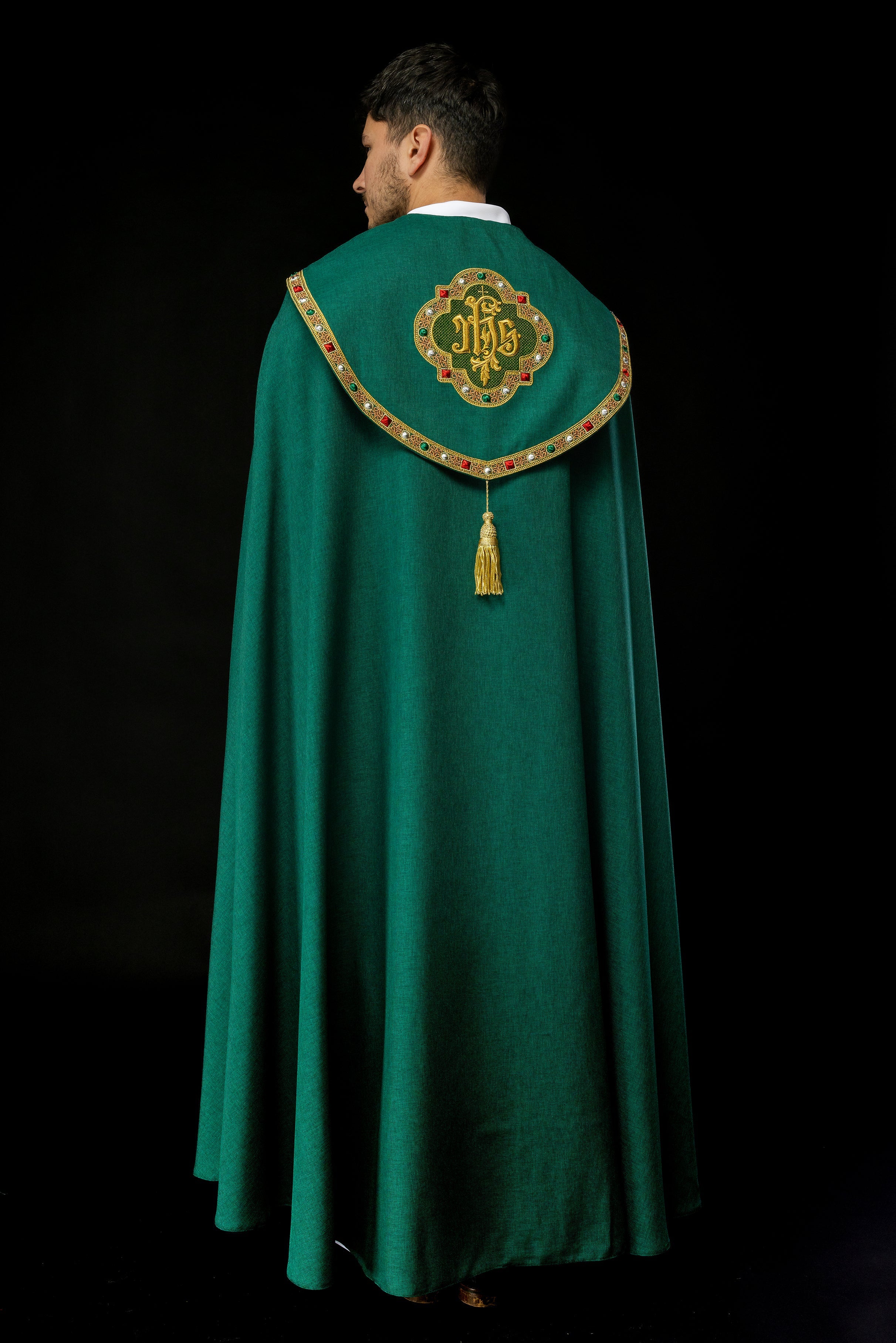 Green liturgical cope with classic JHS embroidery