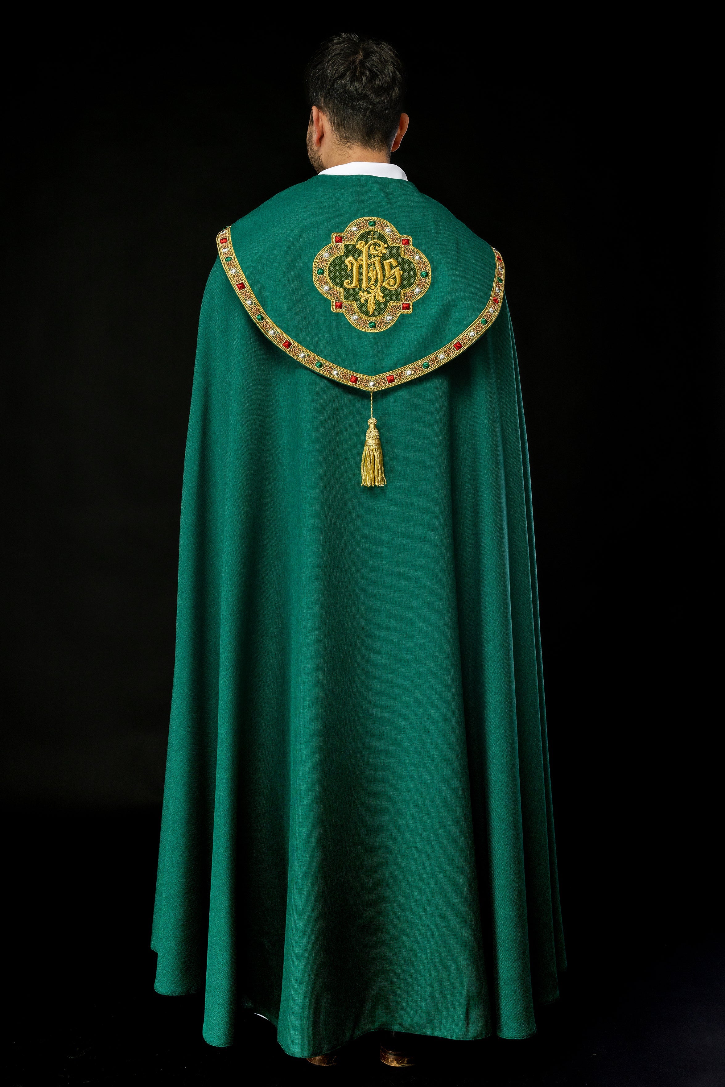 Green liturgical cope with classic JHS embroidery