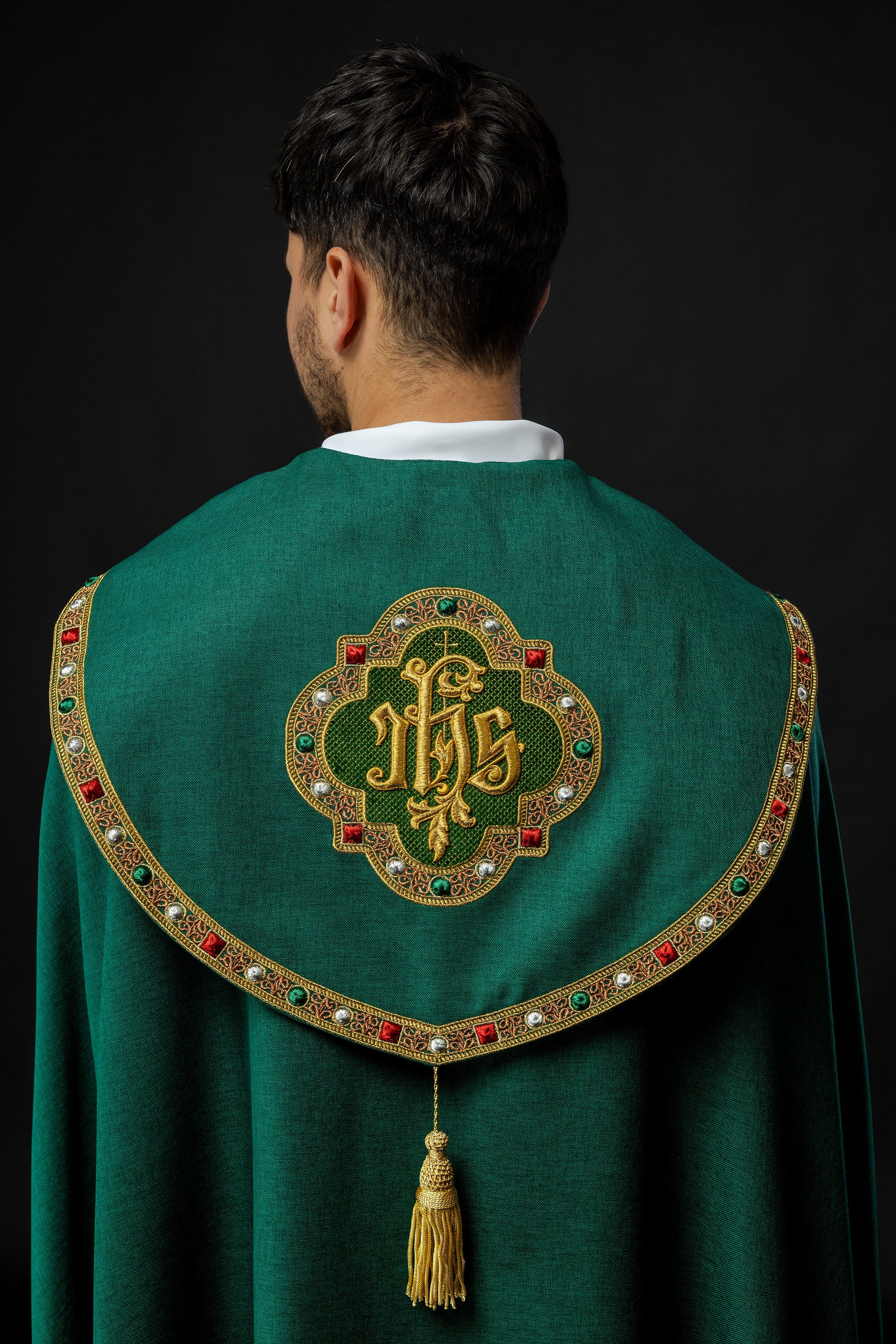 Green liturgical cope with classic JHS embroidery