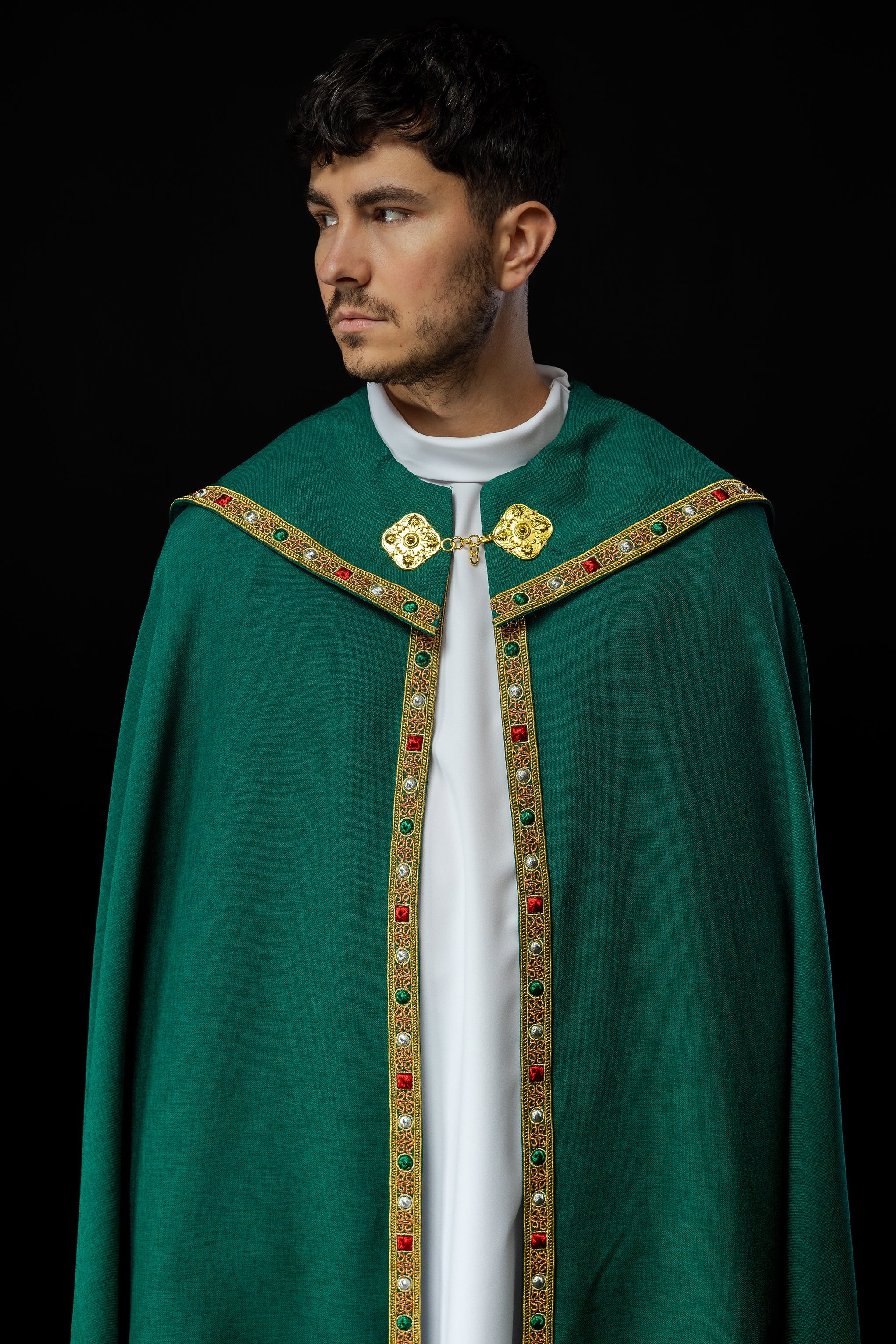 Green liturgical cope with classic JHS embroidery