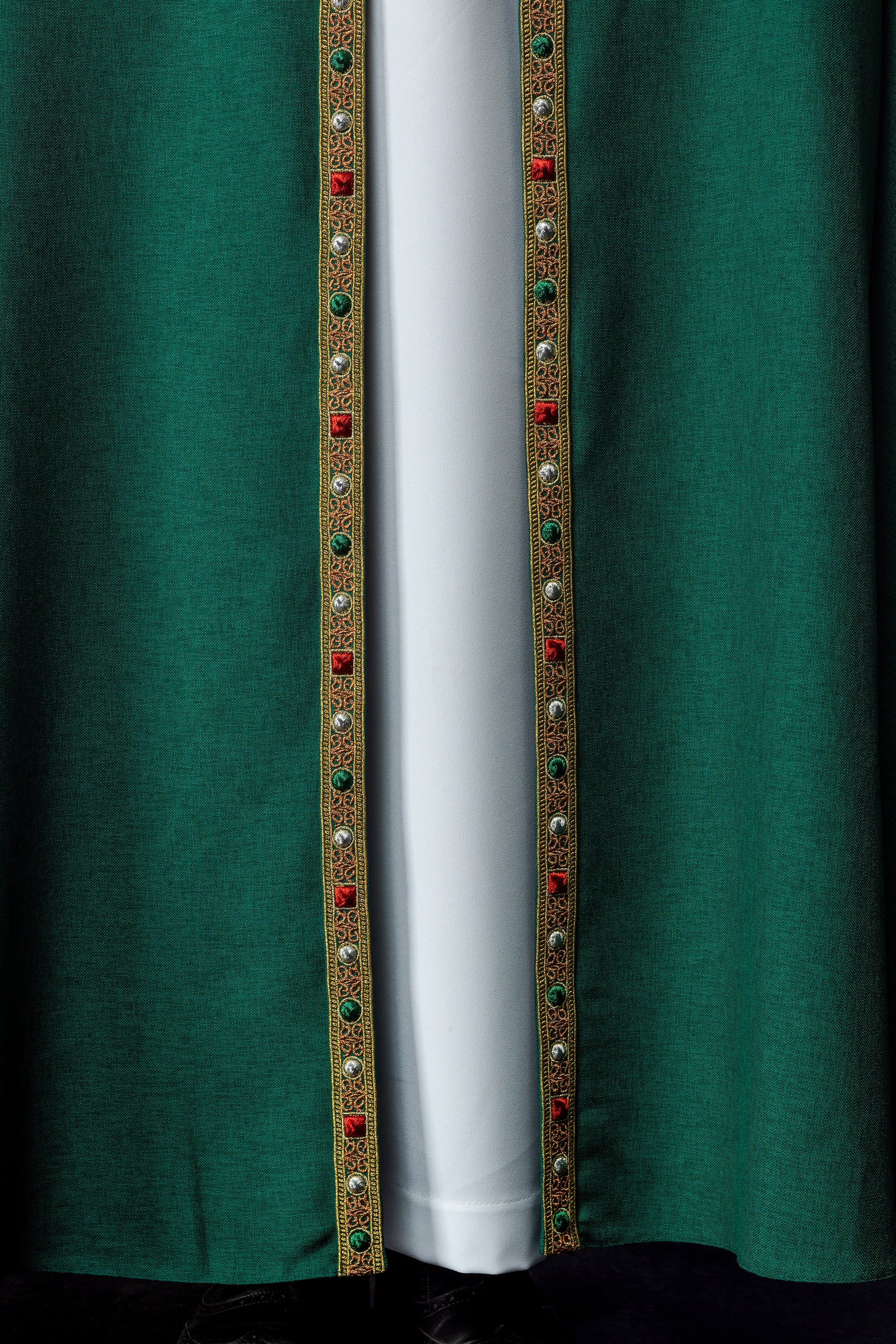 Green liturgical cope with classic JHS embroidery