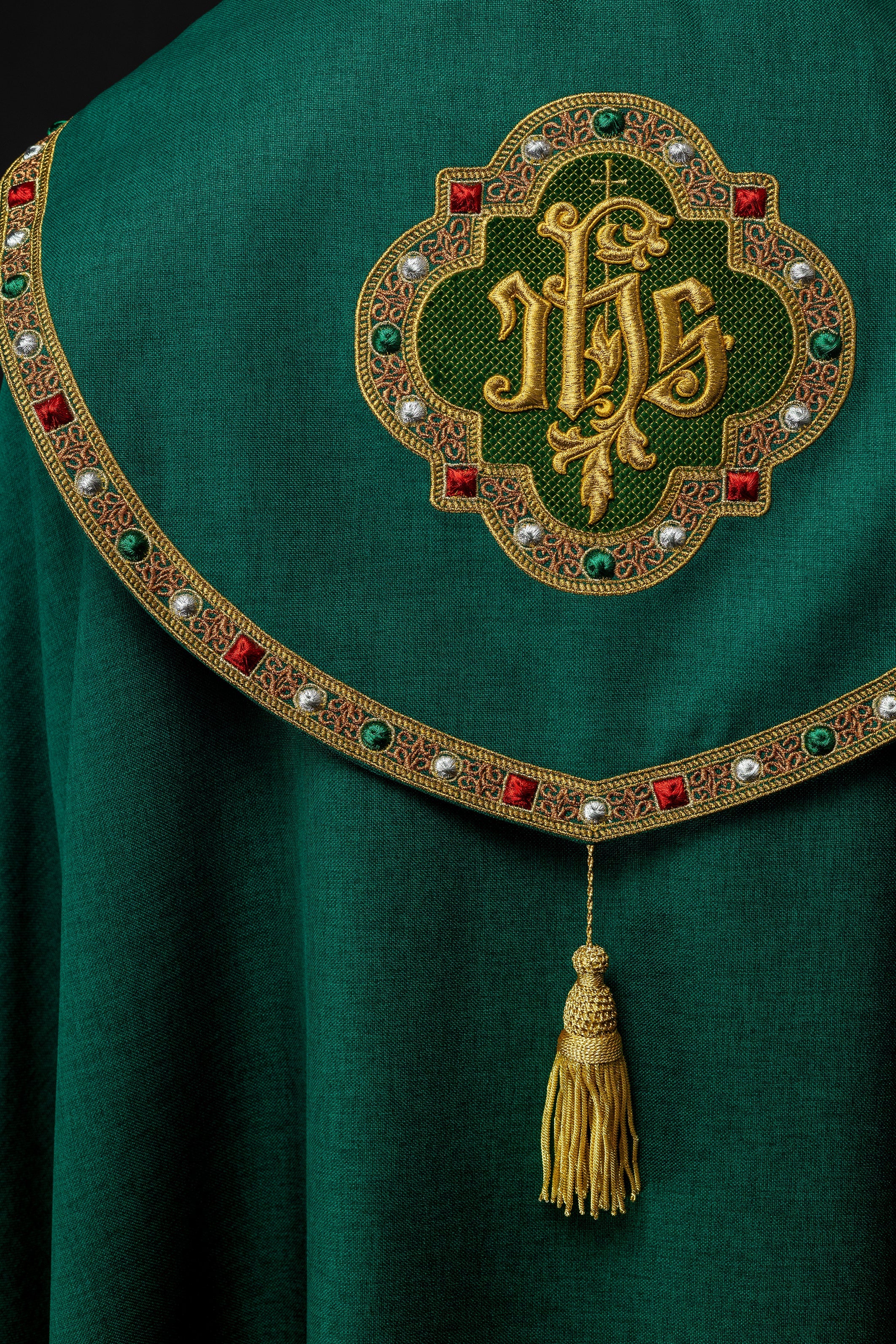 Green liturgical cope with classic JHS embroidery