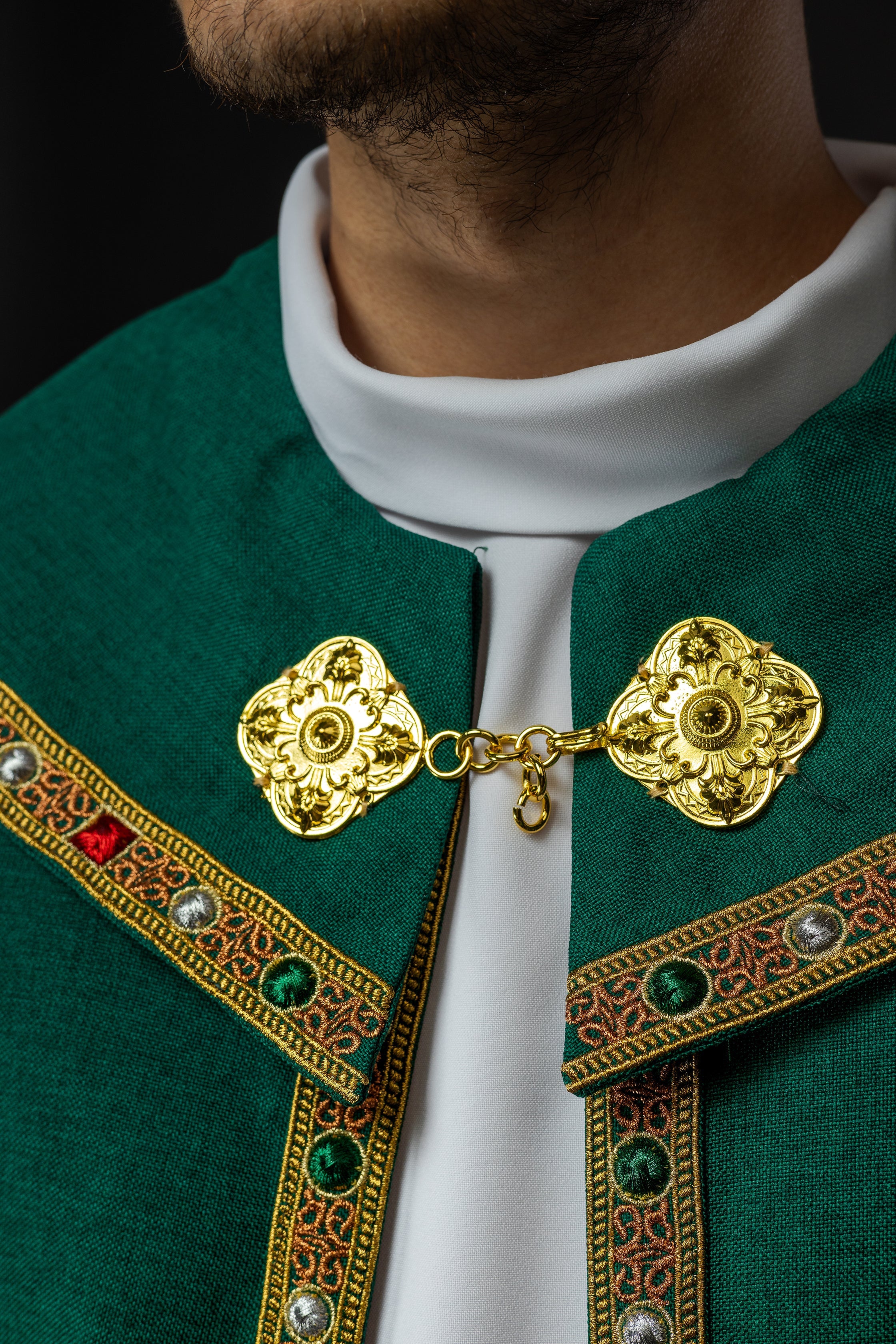 Green liturgical cope with classic JHS embroidery