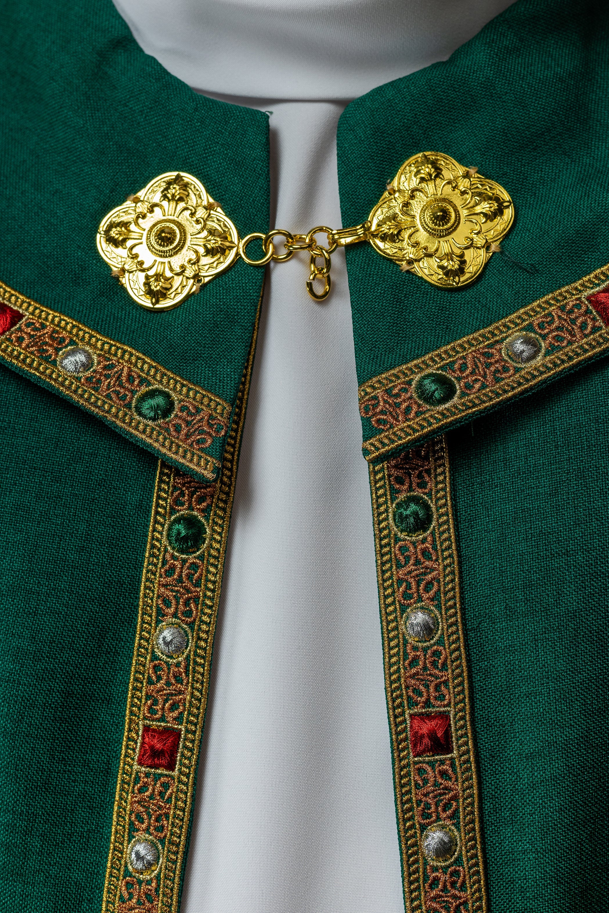 Green liturgical cope with classic JHS embroidery